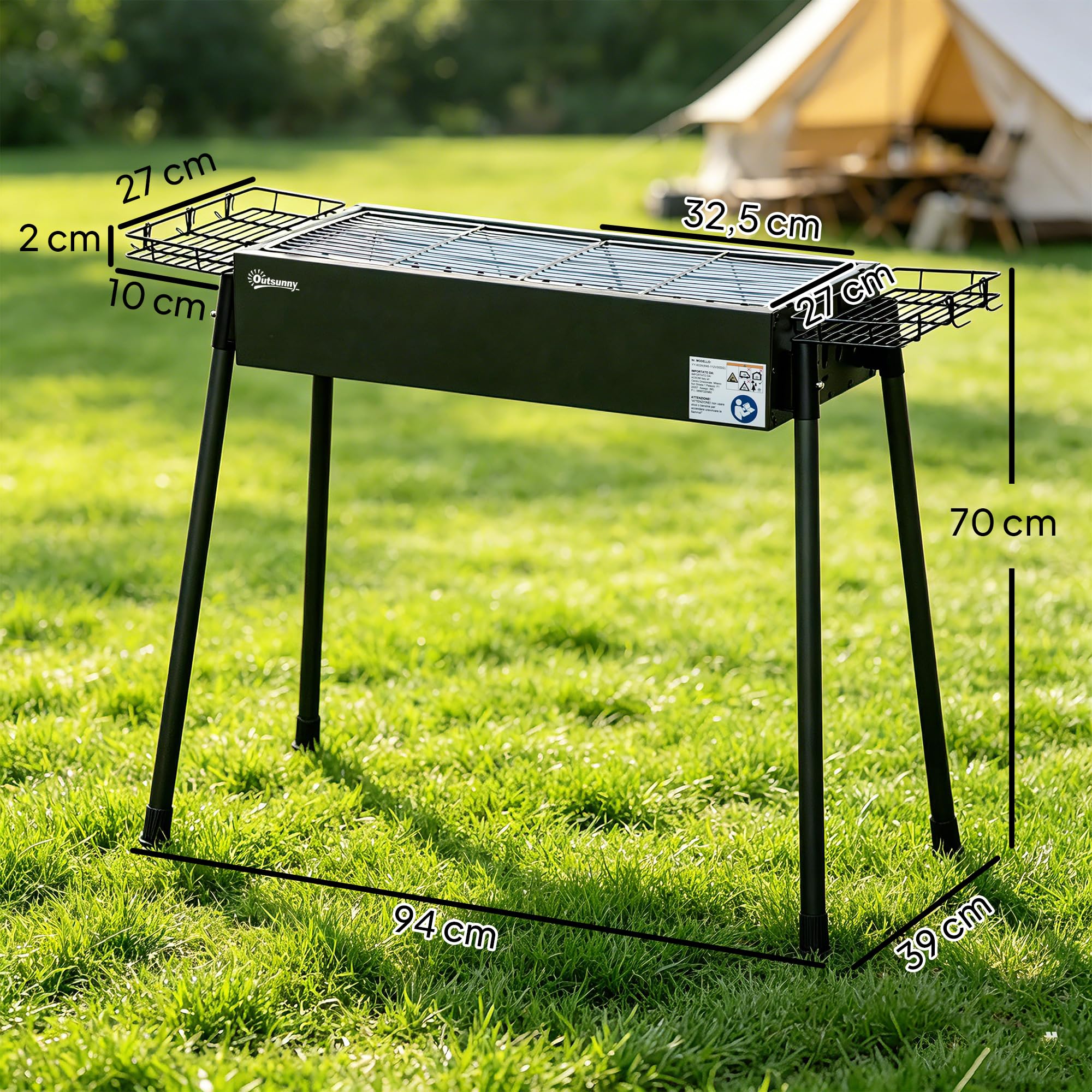 Outsunny Barbacoa de Carbón con 2 Parrillas de Acero Inoxidable Barbacoa Portátil con 2 Especieros para Acampar Picnic Camping Jardín 94x39x70 cm Negro