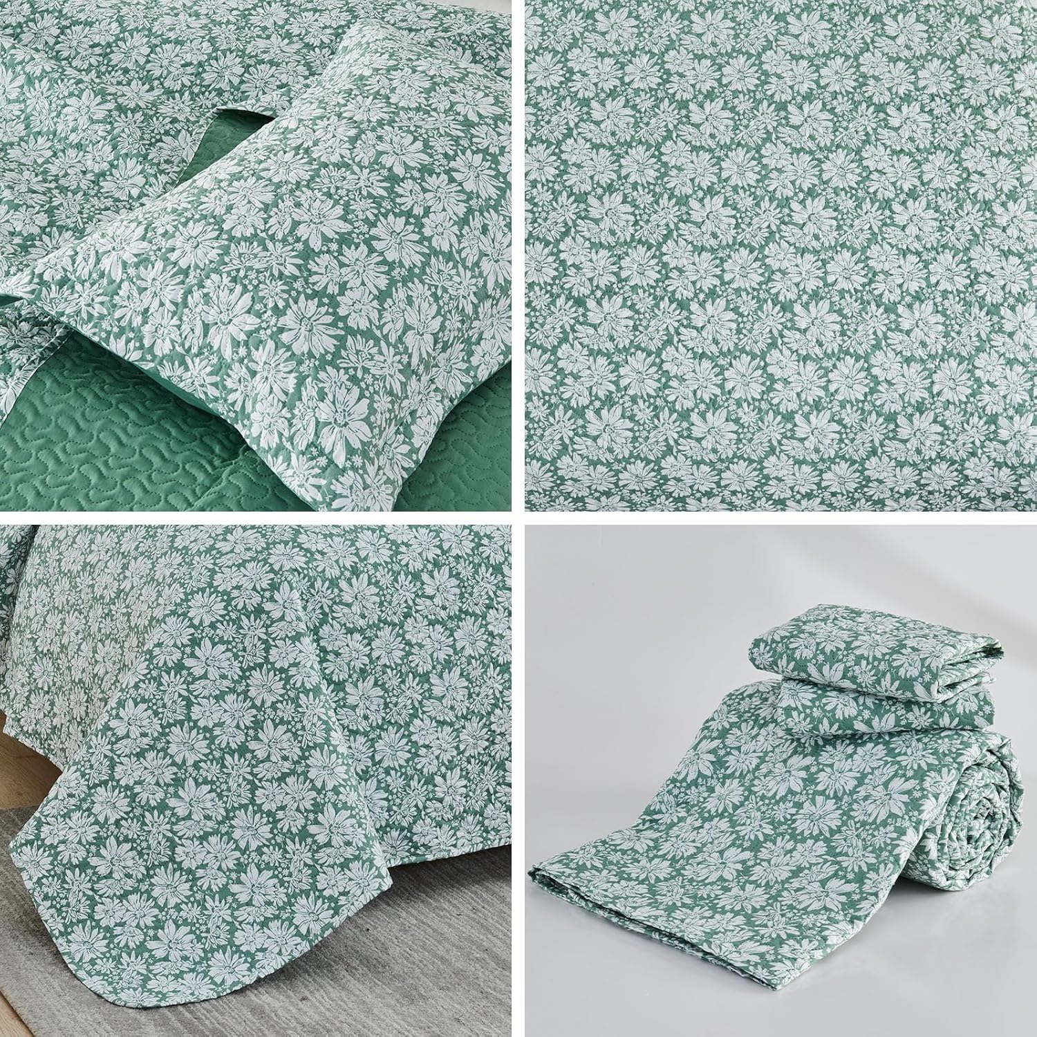 Gogreen Queen Comforter Set - 3 Piece Lightweight All Season Bedding Set, Breathable Comforter with 2 Pillow Cases, Cooling Bed in a Bag for Hot Sleepers, Green White Floral