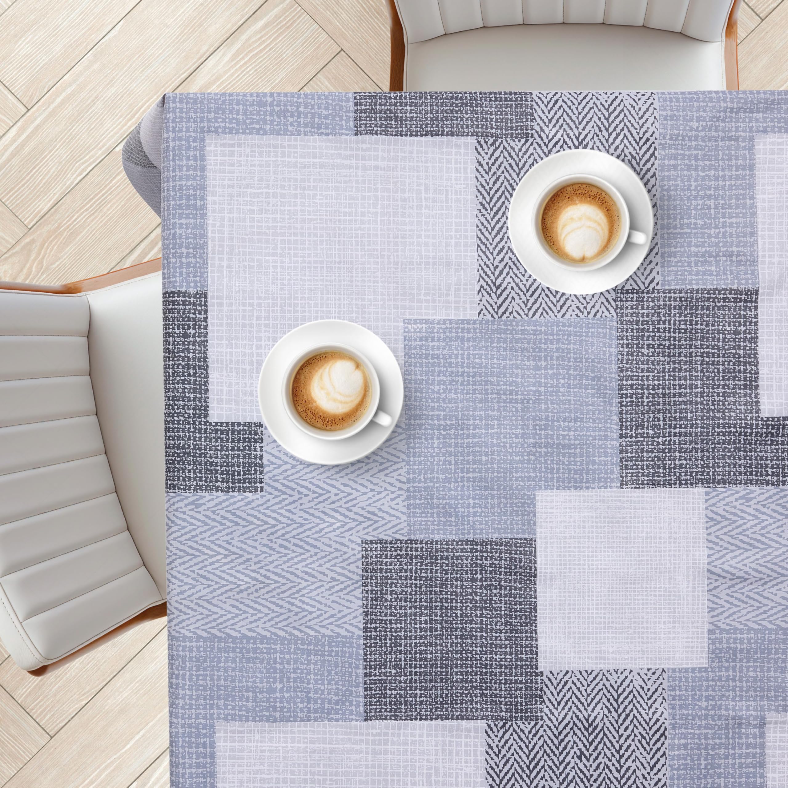 KP HOME Grey PVC Table Cloth Wipe Clean Tablecloth with Textured Blue Patchwork Pattern - Rectangular 78.7"x 55.1" - 200x140 cm Waterproof and Wipeable Plastic Table Cover Casual Large Vinyl Oilcloth