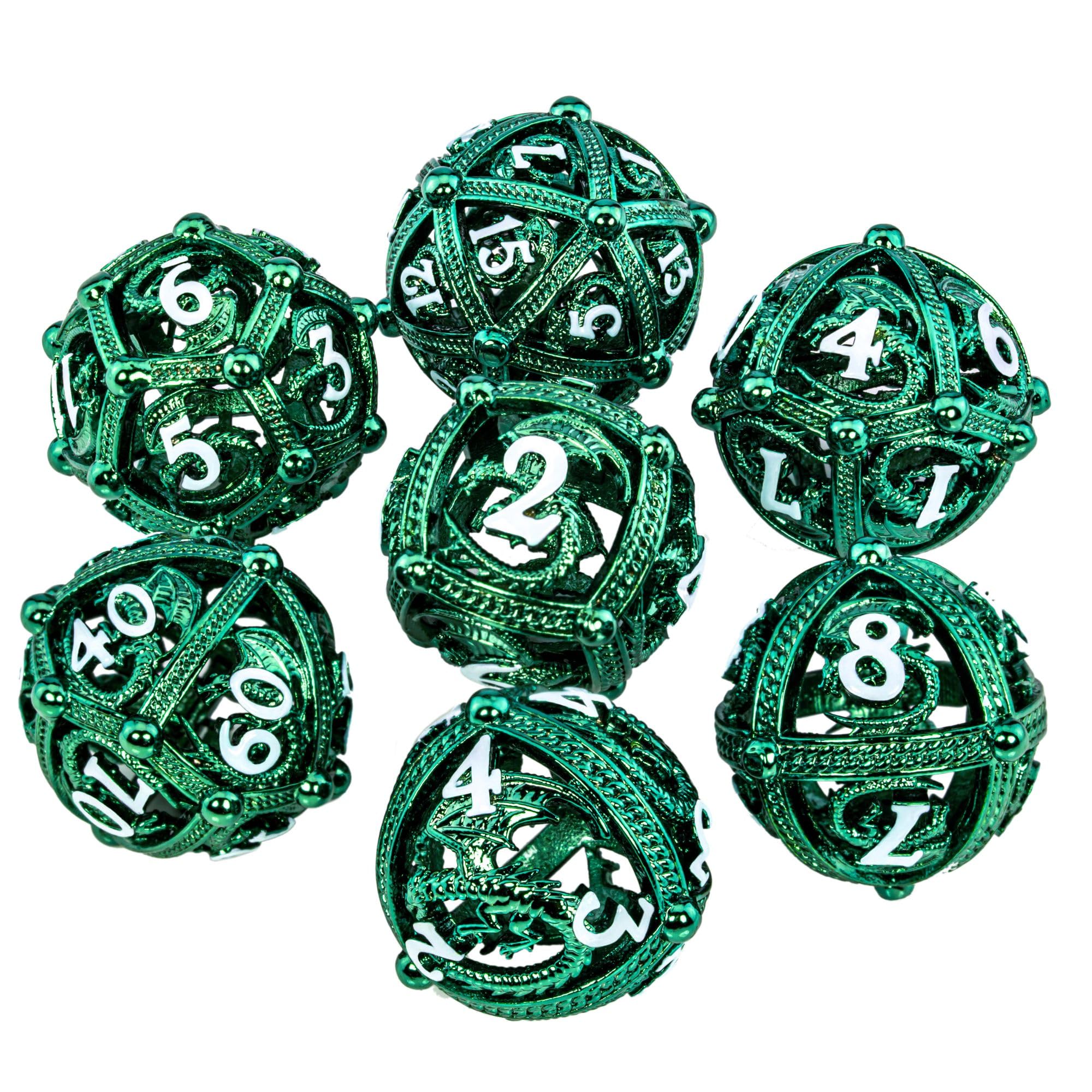 Lot de dés DND en métal – Design rond en orbe creux pour un meilleur roulement – Beau jeu de dés en métal dragon pour jeux de rôle (RPG) – Superbe jeu de dés D&D Donjons et Dragons (vert)