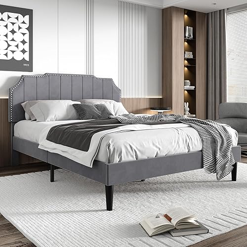 Miniatura 3 de VECELO Base de cama tapizada de tamaño matrimonial con cabecera ajustable copetuda, base de colchón, soporte de listones de madera, fácil montaje,