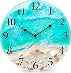 Horloge murale en verre nautique côtier avec conception de coquillages et thème de la plage de tortue - Décoration murale en silente pour la maison, la cuisine, le salon, le bureau, la chambre ou la salle de bains (12 Inch, bleu)