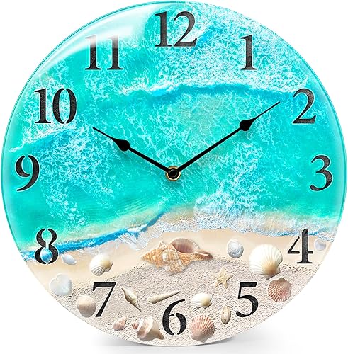 Reloj de pared de cristal náutico costero con diseño de concha marina y tema estético de playa, funciona con pilas, decoración de pared silenciosa