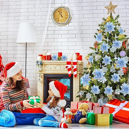 Miniatura 7 de 24 flores de Pascua con purpurina de Navidad y clips para adornos de árbol de Navidad, bodas, 6 pulgadas, 4 pulgadas, 3 pulgadas (plata y azul)