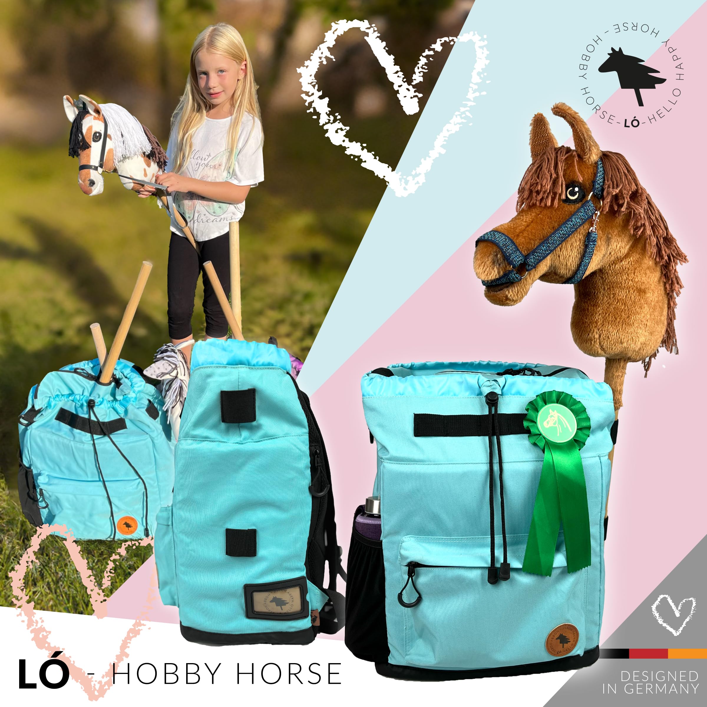Driver13 LÓ Hobbyhorse Rucksack Steckenpferd, Hobbyhorsing Tasche, Transport bis 4 Hobbyhorses, Aruba Blau/Hell