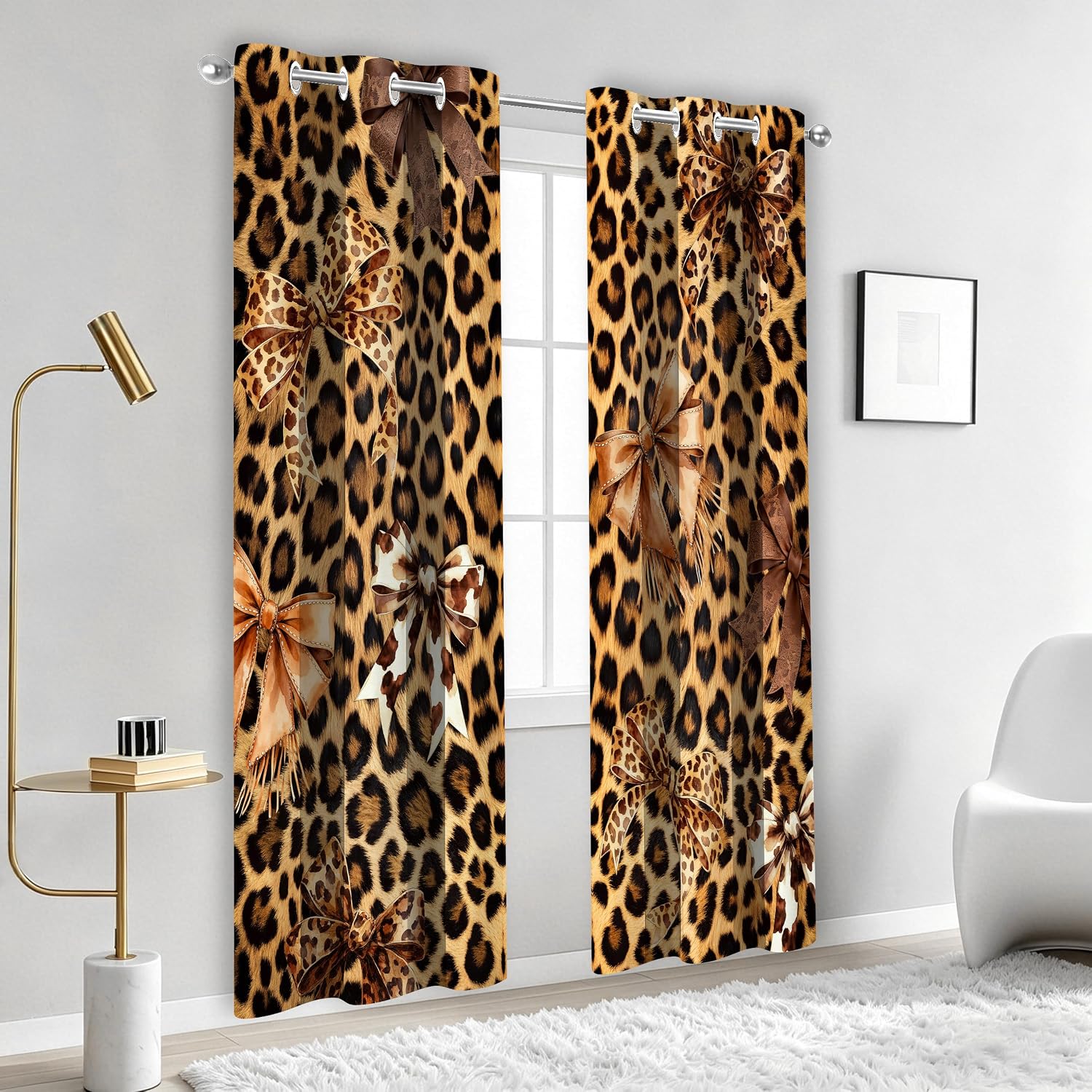 Bow Leopard Print Curtains Brown Blackout Curtain for Girls Bedroom Fashion Pretty Girly Modern Living Room Grommet Window Treatment Drapes 42 Wide 84 Long Inches 2 Panel Set