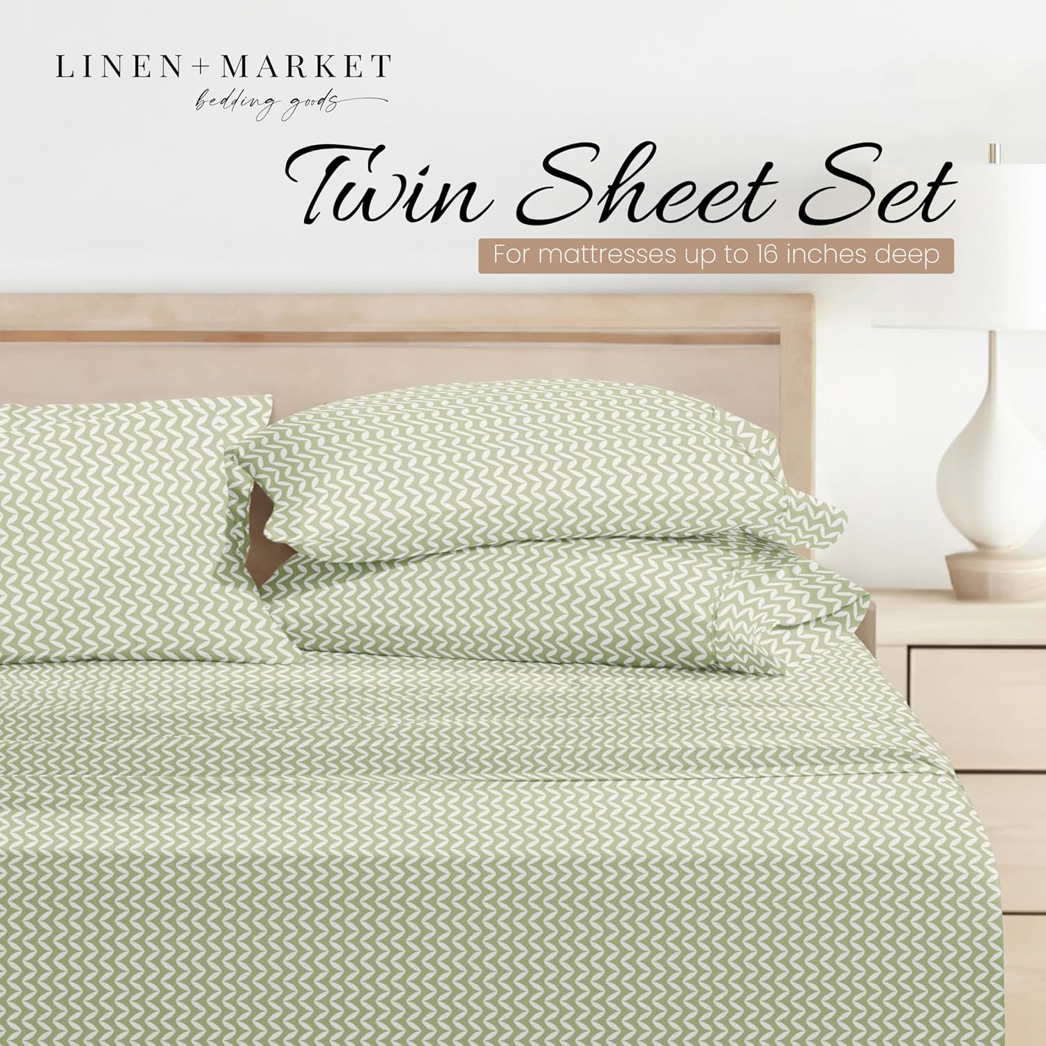  Double-Brushed Patterned Microfiber Twin Sheet Set 3 Piece – Oeko-TEX Certified Ultra Soft & Wrinkle-Free - 16" Deep Pocket Sheets - Easy Care Twin Size - Puffed Chevron Sage thumbnail