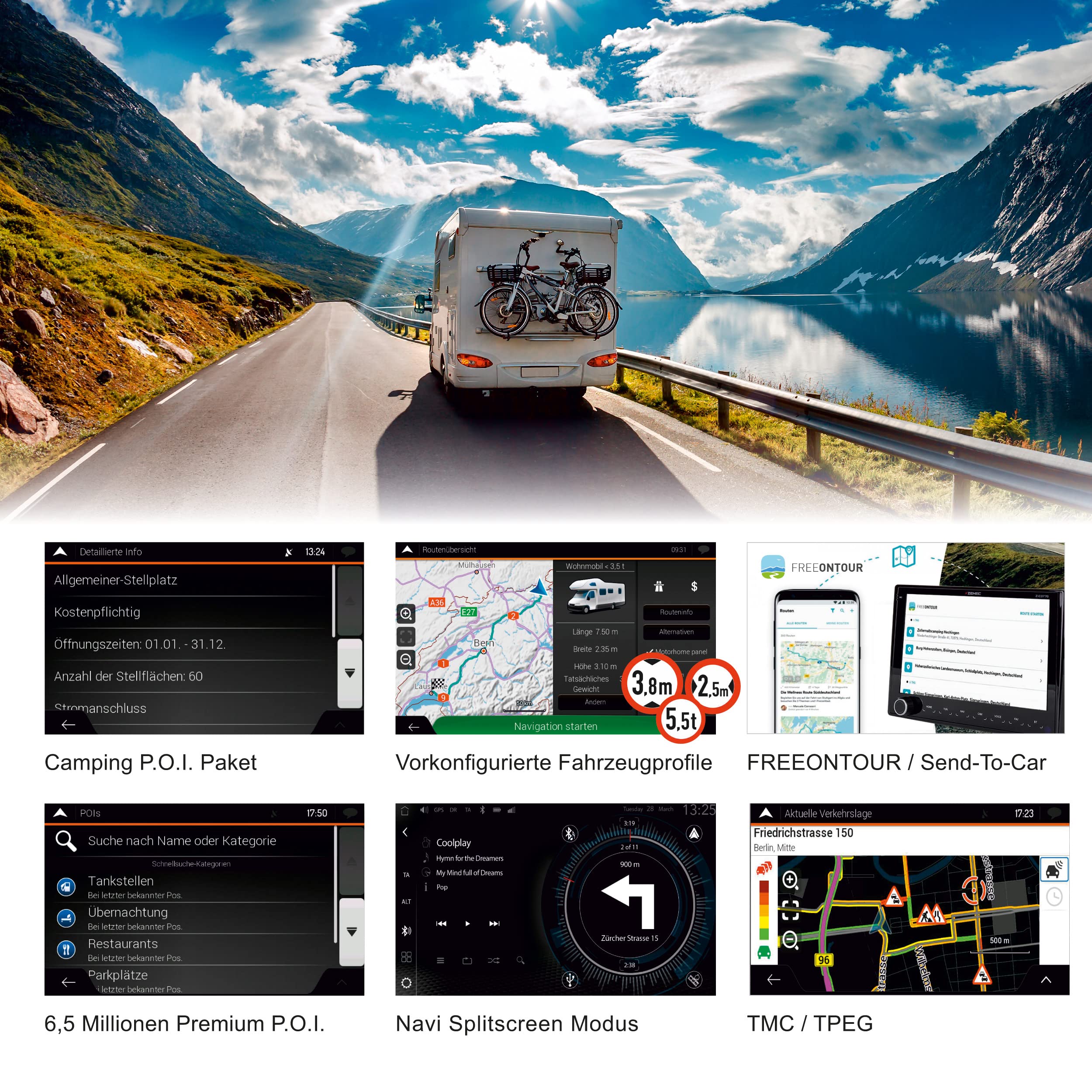 ZENEC Z-EMAP76MH-TT3 Carte Micro SDHC avec Navigation de Camping-Car pour ZENEC Infotainer Z-E3776, Z-N975 et Z-N976, Cartes 3D pour l'europe, Camping P.O.I. Camping-Cars, TMC