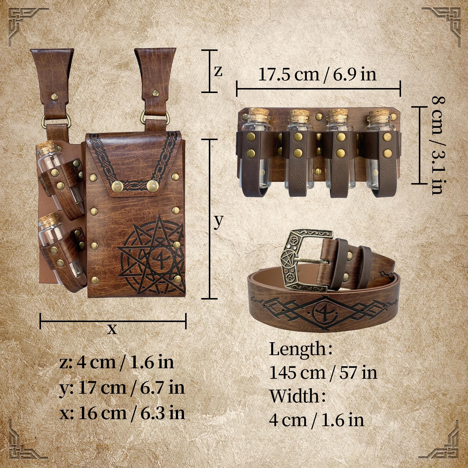 EpicCos Set di 3 Pezzi Cintura Alchemista Medievale con Borsello, Borse Multiple per Pozioni, Cintura Vichinga con Borchiette e Borsa Laterale per Cosplay (Marrone D)