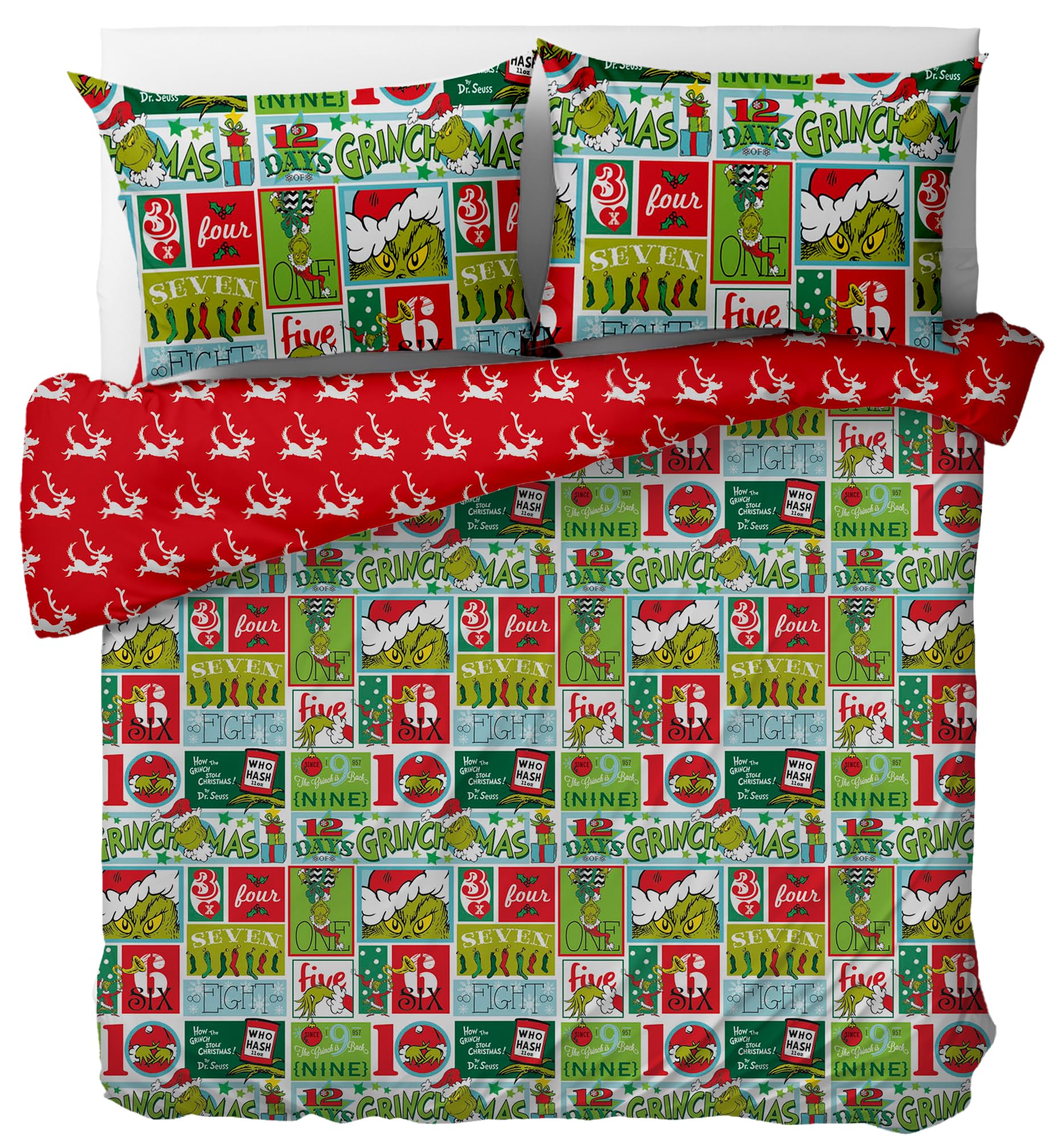 Istyle Mode Better Home Choice Multicolor Christmas Duvet Cover - Dr. Seus The Grinch Bedding Double Bed Set With Pillowcases - Microfibre Double Duvet Set (200X200cm), Soft Easy Care Bed Linen - Xmas Gift For Lovers (Double -200X200cm)