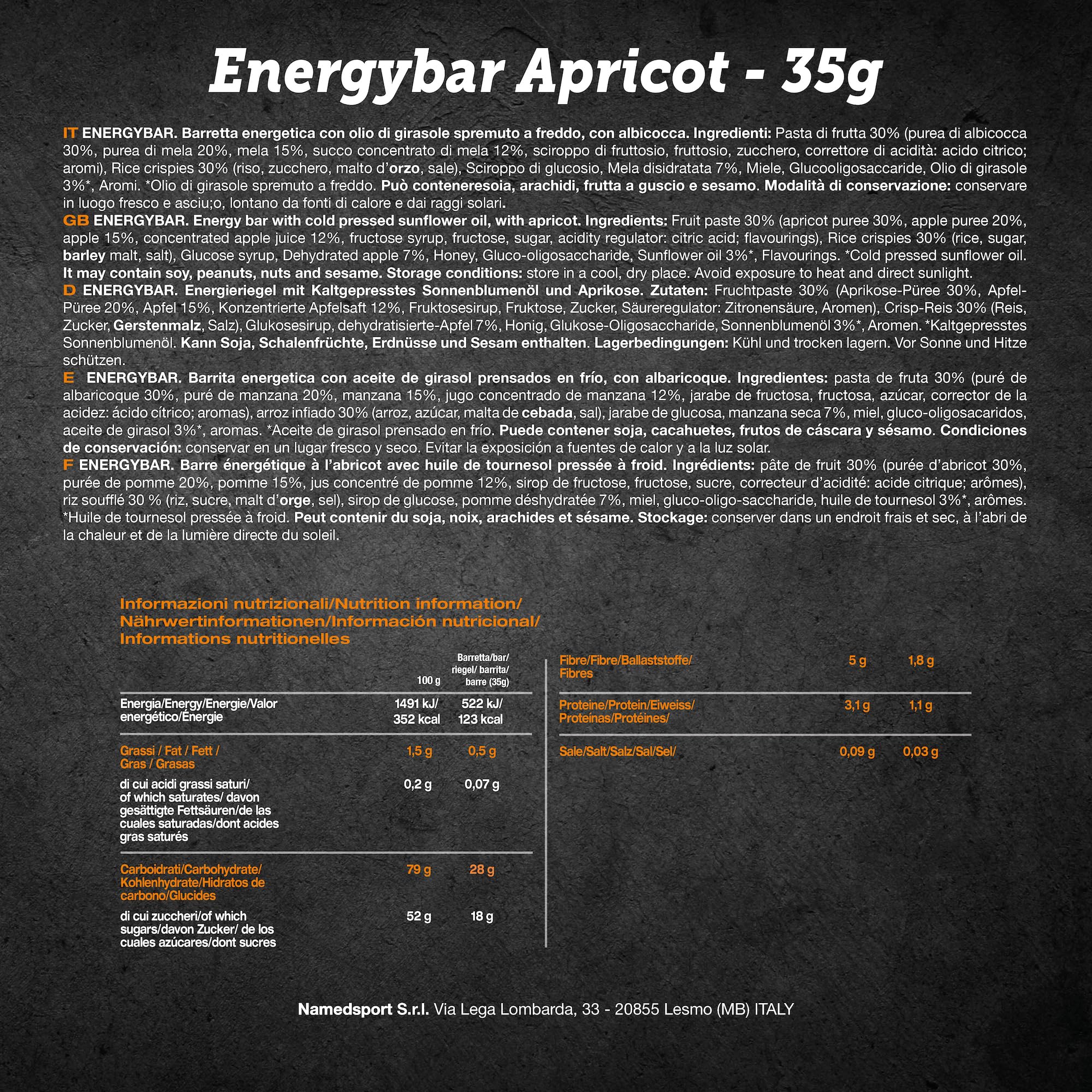 NAMEDSPORT> EnergyBar, Barre énergétique au goût d'abricot savoureux, à base de glucides, avec du riz soufflé et de vrais fruits, Brand of Italy, Boîte de 12 unités