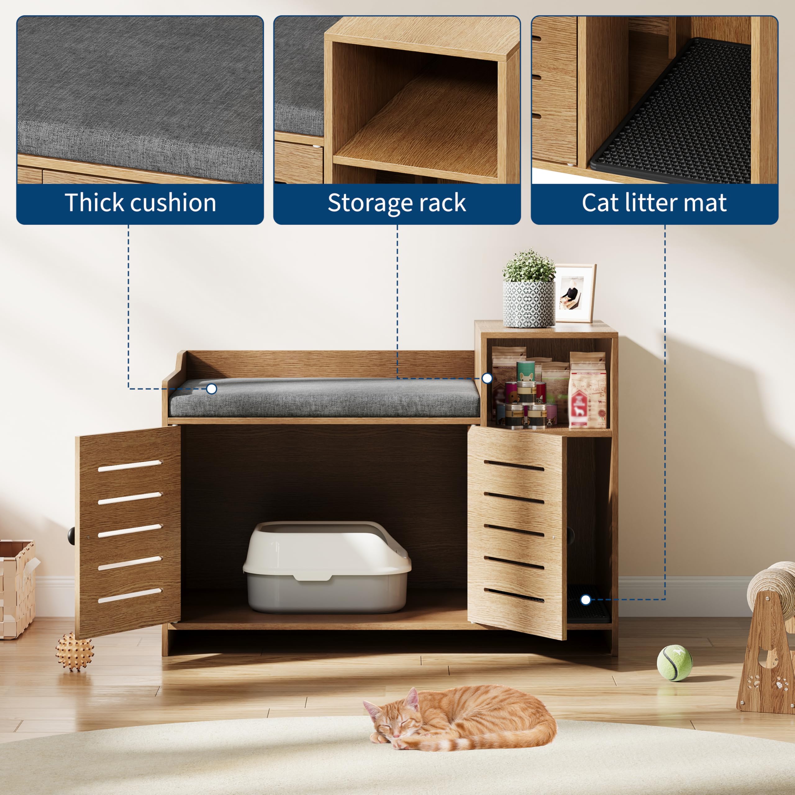 Cat Litter Box Enclosure, Hidden Litter Box Cabinet Furniture with Scratch Pad, Farmhouse Indoor Cats House with Storage Layer for Hallway, Bedroom - image 5