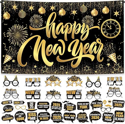 KatchOn, Suministros para fiesta de Año Nuevo 2024, juego de 48  Cartel de feliz año nuevo negro y dorado, accesorios para fotos de Año Nuevo,