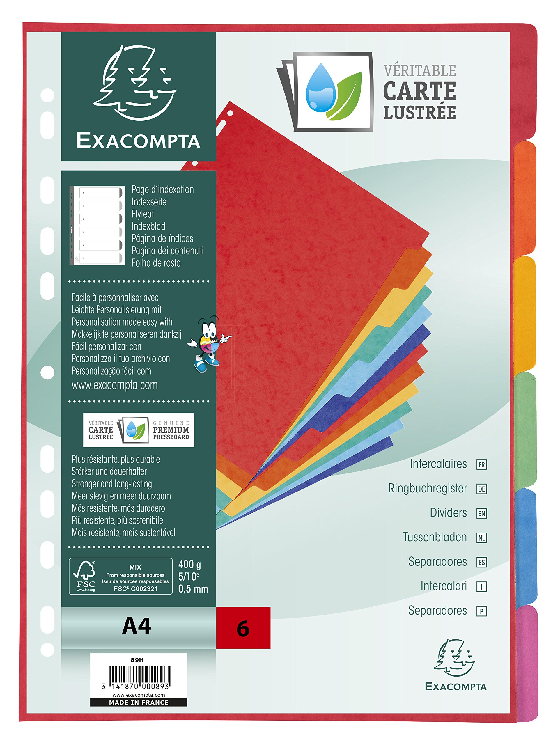 Exacompta - Ref 89H - Nature Future Dividers - Suitable for A4 Documents, Pre-Punched, 400gsm Genuine Pressboard, 6-Part Dividers, FSC-Certified - Multi-Coloured