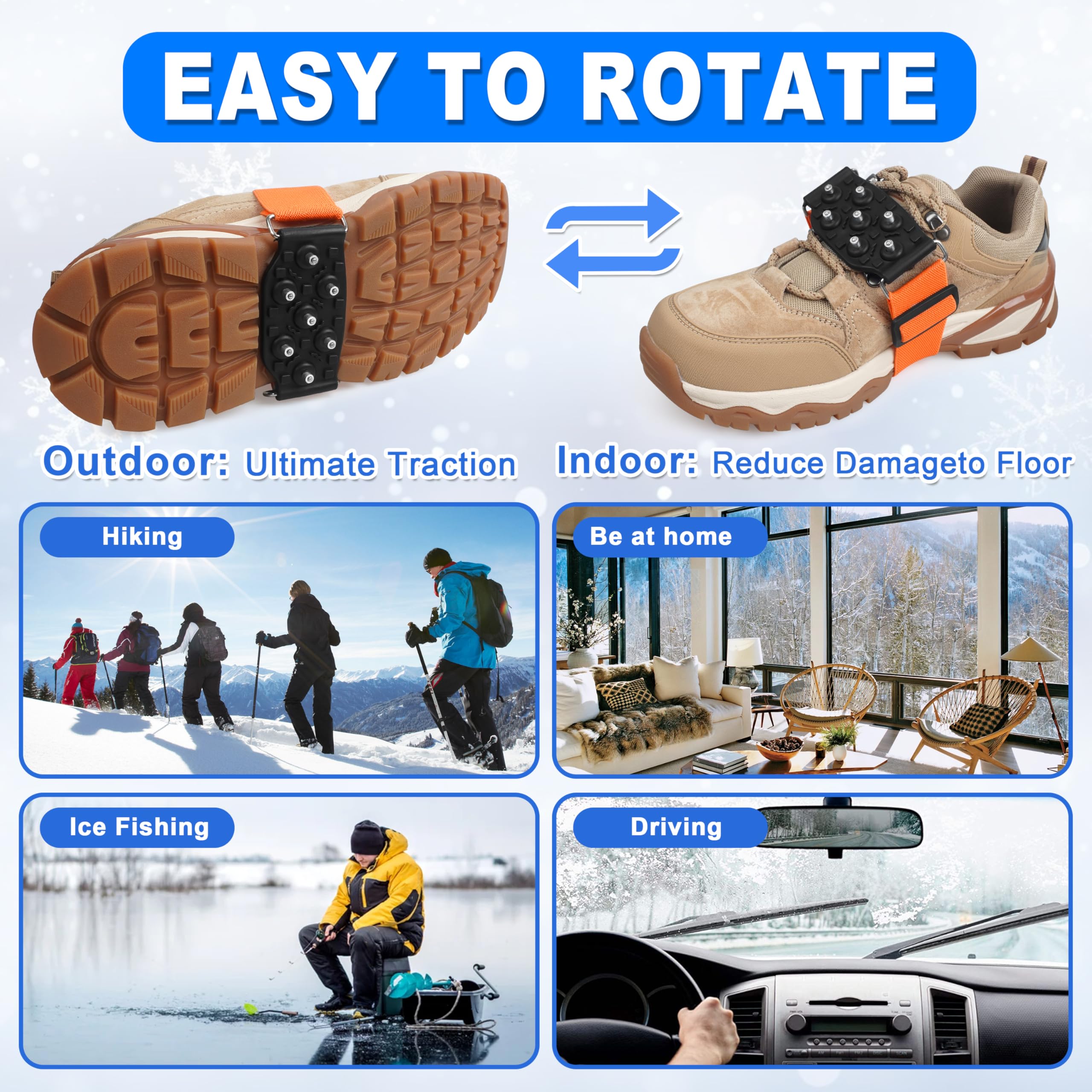 Crampons à glace à semelle intermédiaire pour chaussures et bottes - Crampons antidérapants avec sangles réglables - 7 clous en tungstène pour une prise en main sûre pour la marche, le jogging, la