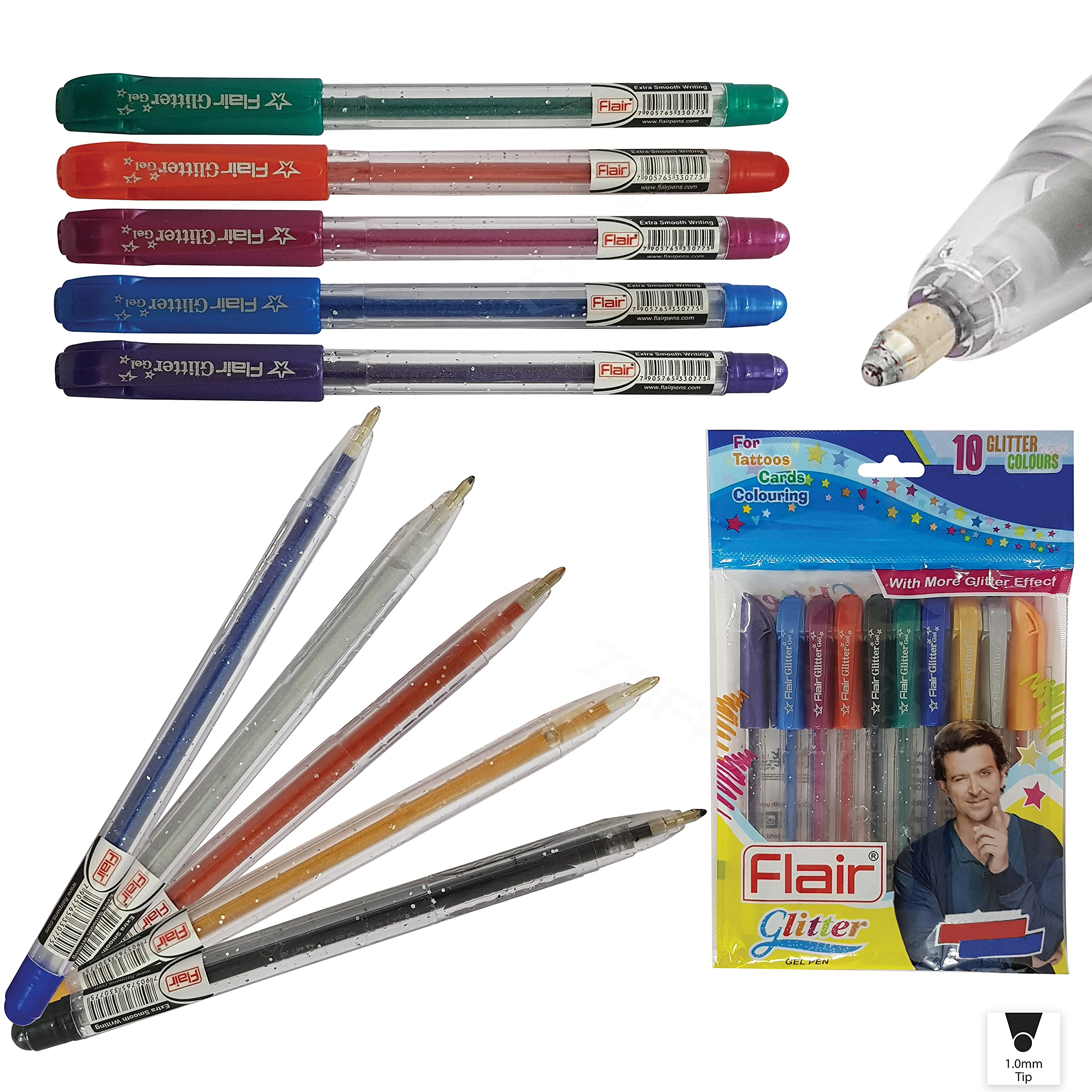FLAIR Glitter Xtra Sparkle Gel Pens, MULTICOLOUR, 1.0mm Medium Point, Pack of 10, Colour Sketch Draw Doddle Journal Use, PATEL Black Ball Pen