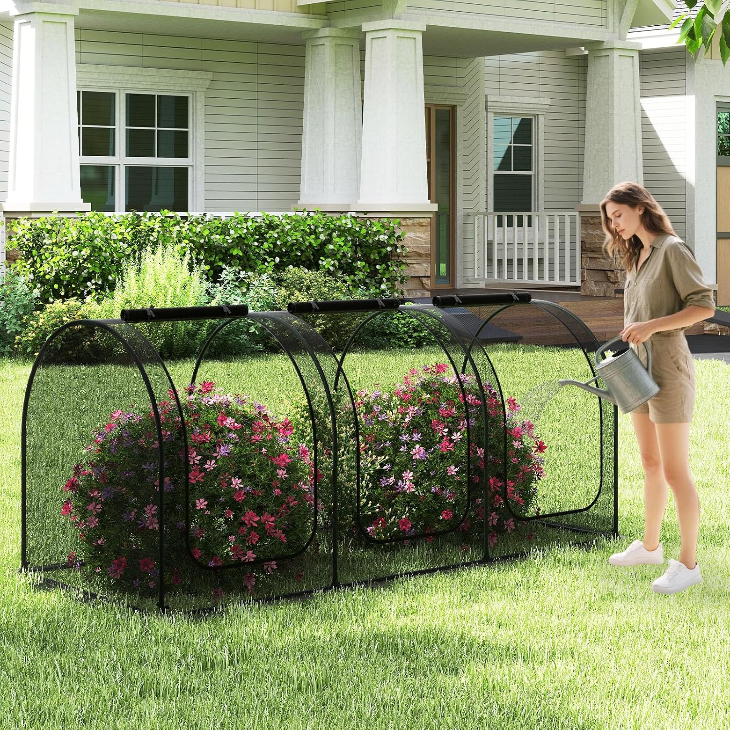 Giantex 108” x 48” x 47” Tunnel Crop Cage, Large Portable Plant Protection Tent w/ 3 Roll-up Zippered Doors & Carrying Bag, Raised Garden Bed Netting Cover for Vegetables, Fruits, Flowers
