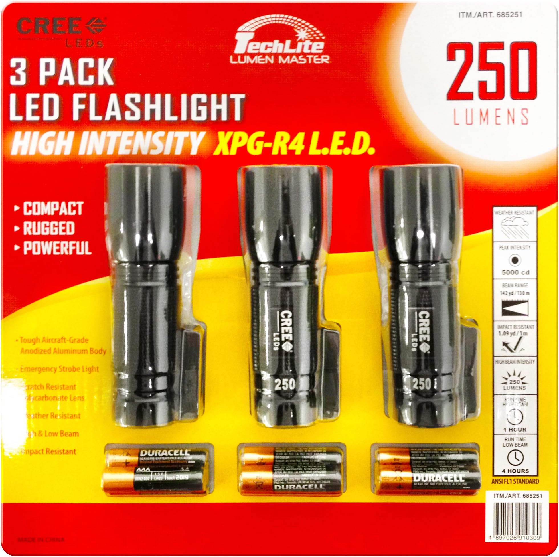 Techlite Lumen Master 250-Lumens High-Intensity CREE XPG-R4 LED Tactical Flashlight (3-Pack)