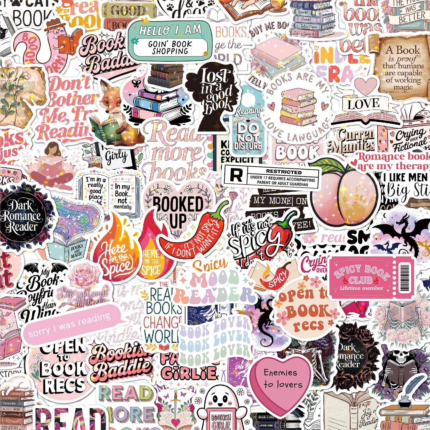 300PCS Book Stickers,Holographic Reading Book Stickers for Kindle,Vinyl Waterproof Romance Bookish Decals,for Laptop Water Bottle Journal