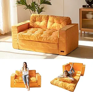 MAXYOYO Convertible Sofa Bed, Pull Out Loveseat Sleeper Sofa, 2 in 1 Folding Couch Bed, Fold Out Floor Couch with Pillows for Living Room Bedroom Lounge, Orange