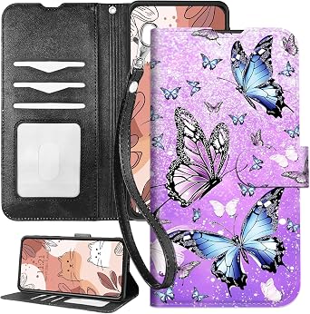 for Samsung Galaxy S25 Wallet Case with Wrist Strap,RFID Blocking,Shockproof TPU Interior,PU Leather Flip Cover with Magnetic Closure,Card Slots,Butterflies Purple