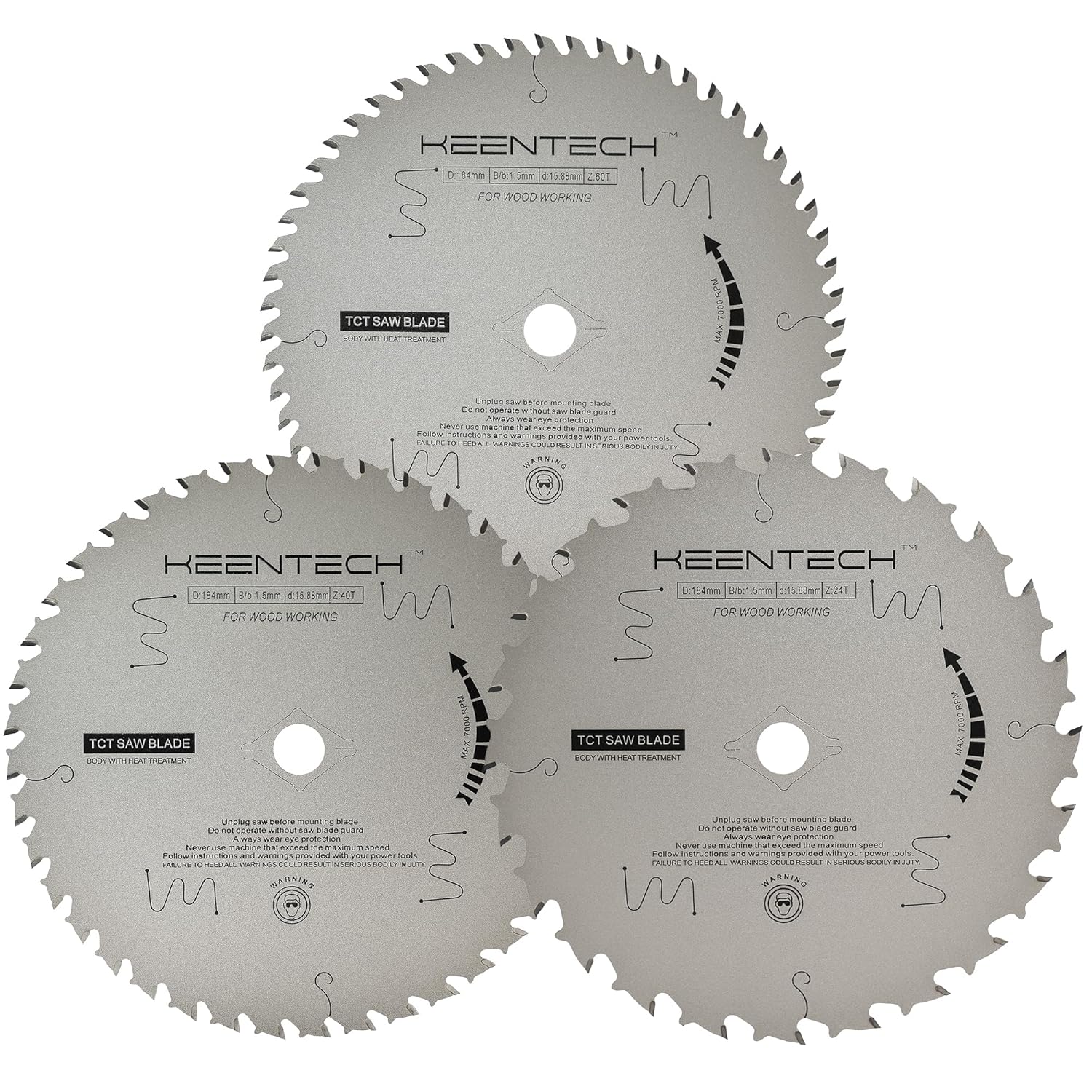 KEENTECH 7-1/4 Inch 24T + 40T + 60T Versatile Circular Saw Blade Set, Non-Stick Coating, Tungsten Carbide Tipped, ATAF Grind, 5/8 Inch Bore with Diamond Knockout
