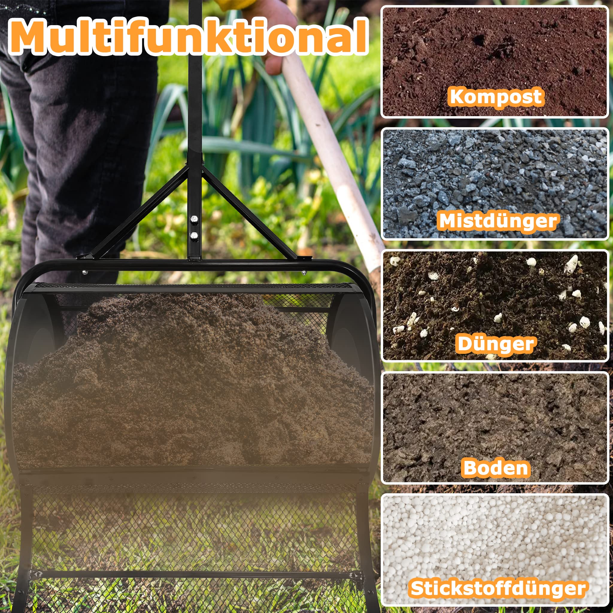 UISEBRT Kompoststreuer 80L Rasen- und Gartenstreuer mit Griff, 65cm Breit Kompost-Streuer und Torfmoos-Streuer mit Mesh-Korb Saatgutstreuer für Kompost Dünger Saat Torf, Schwarz