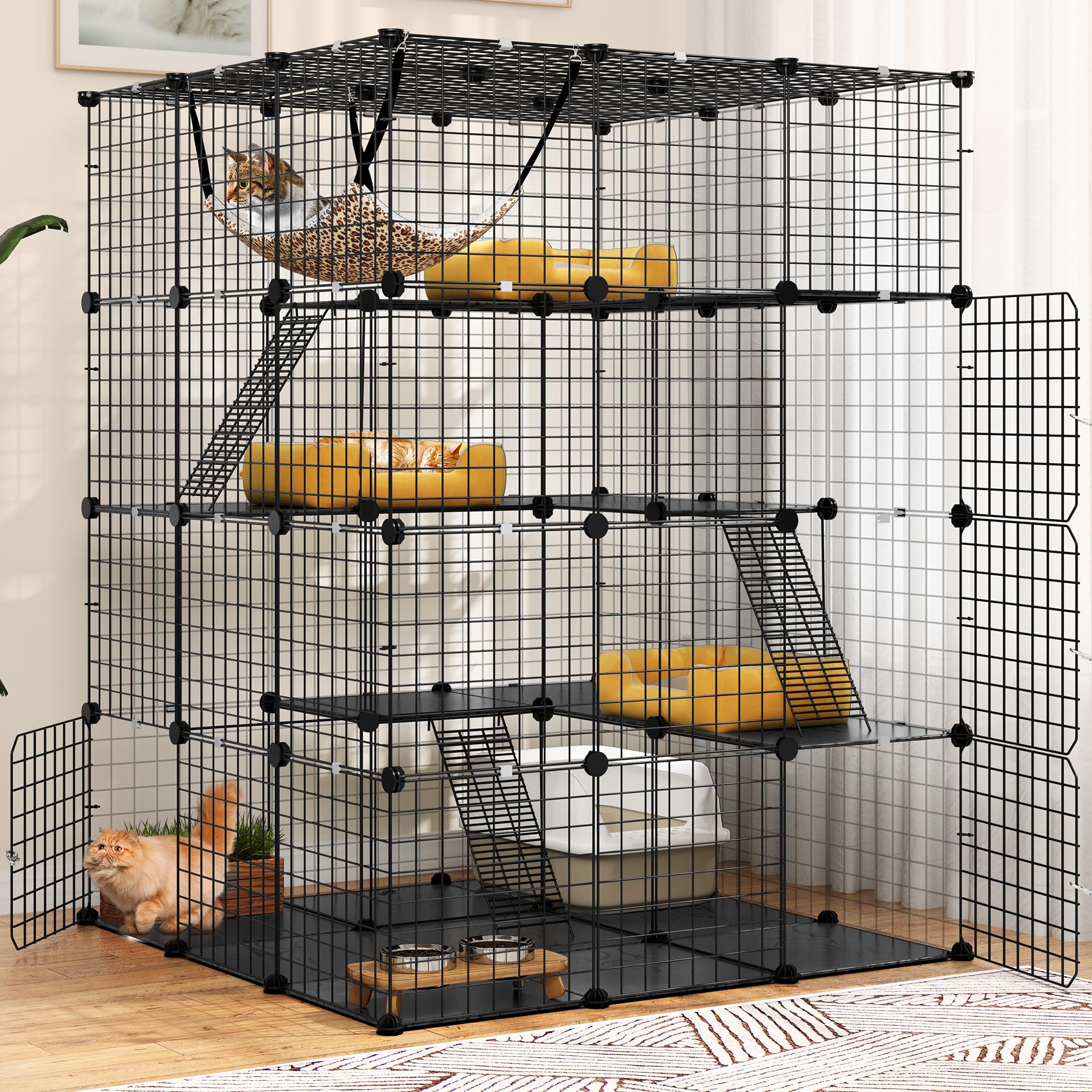 YITAHOME 4-stöckiger Katzenkäfig, große Katzengehege mit Hängematte, abnehmbare Metalldrahtkäfige, Zwinger für Kleintiere im Innen, Zaun für 1–4 Katzen, DIY-Laufstall für Haustierkäfige 105x105x140cm