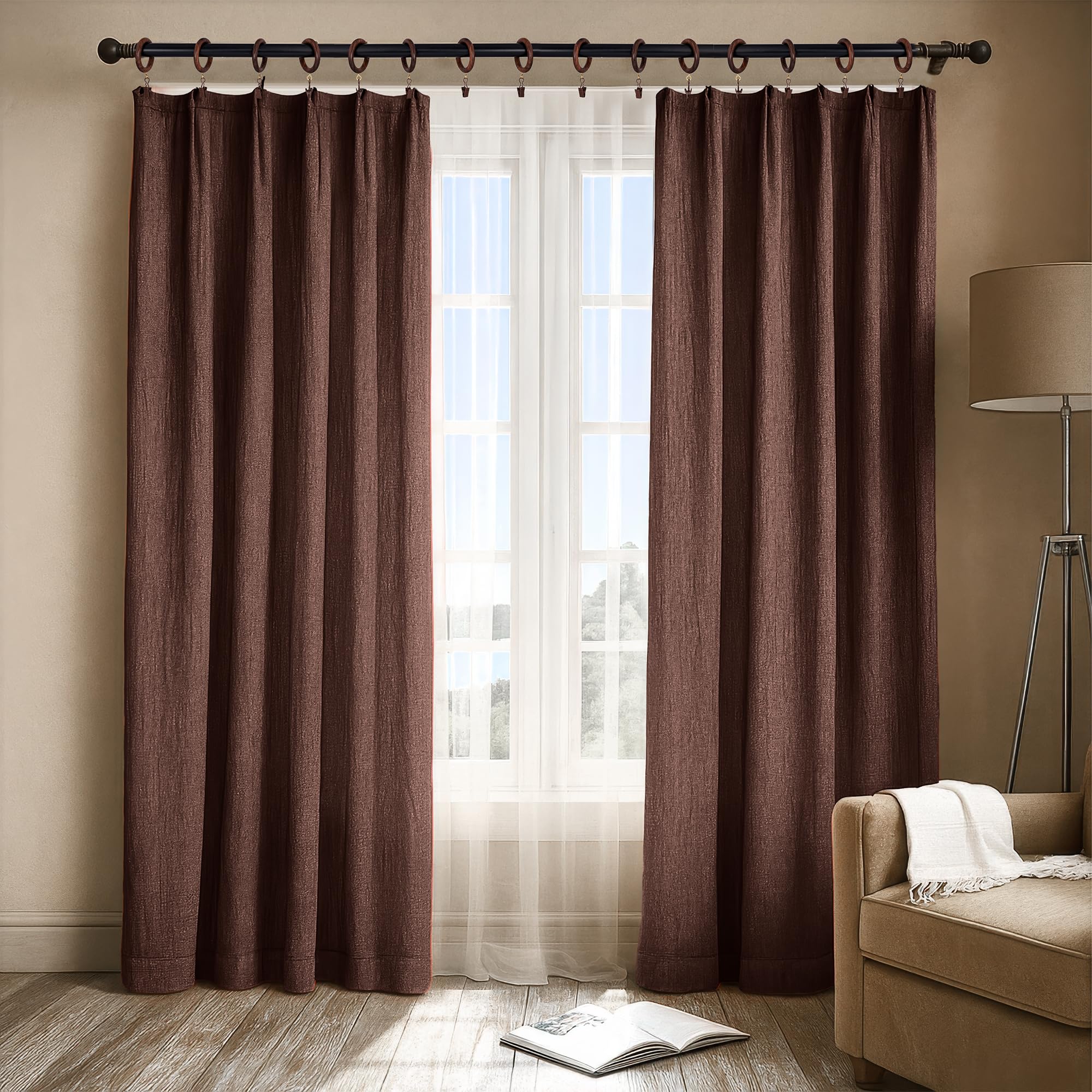 Lot de 48 anneaux de rideaux en palissandre fabriqués à la main avec clips – 6,3 cm extérieur et 4,4 cm de diamètre intérieur – Anneaux de draperie en bois lisse avec clips métalliques pour tringles à