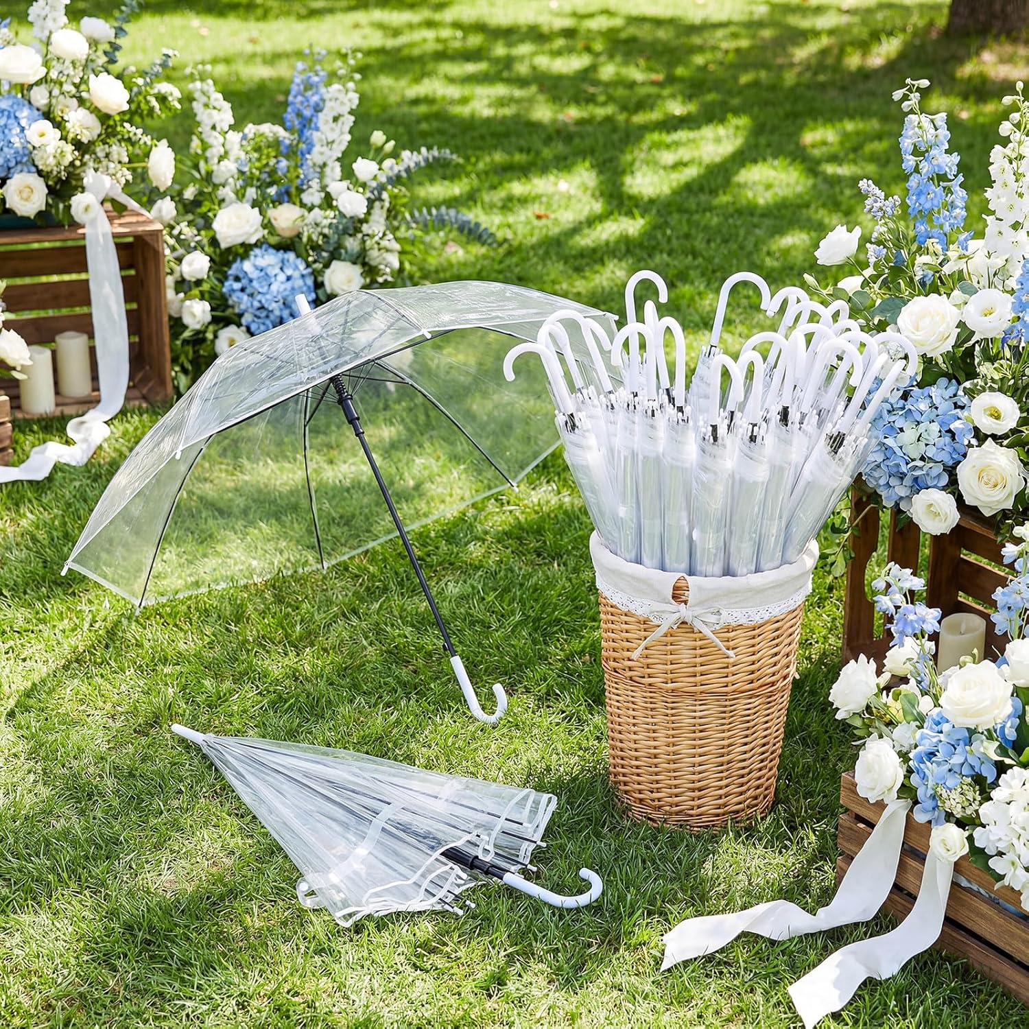 Wedding Stick Umbrellas Bulk, 40 Inch Large Canopy Umbrellas with Woven Rattan Basket Windproof Rainproof