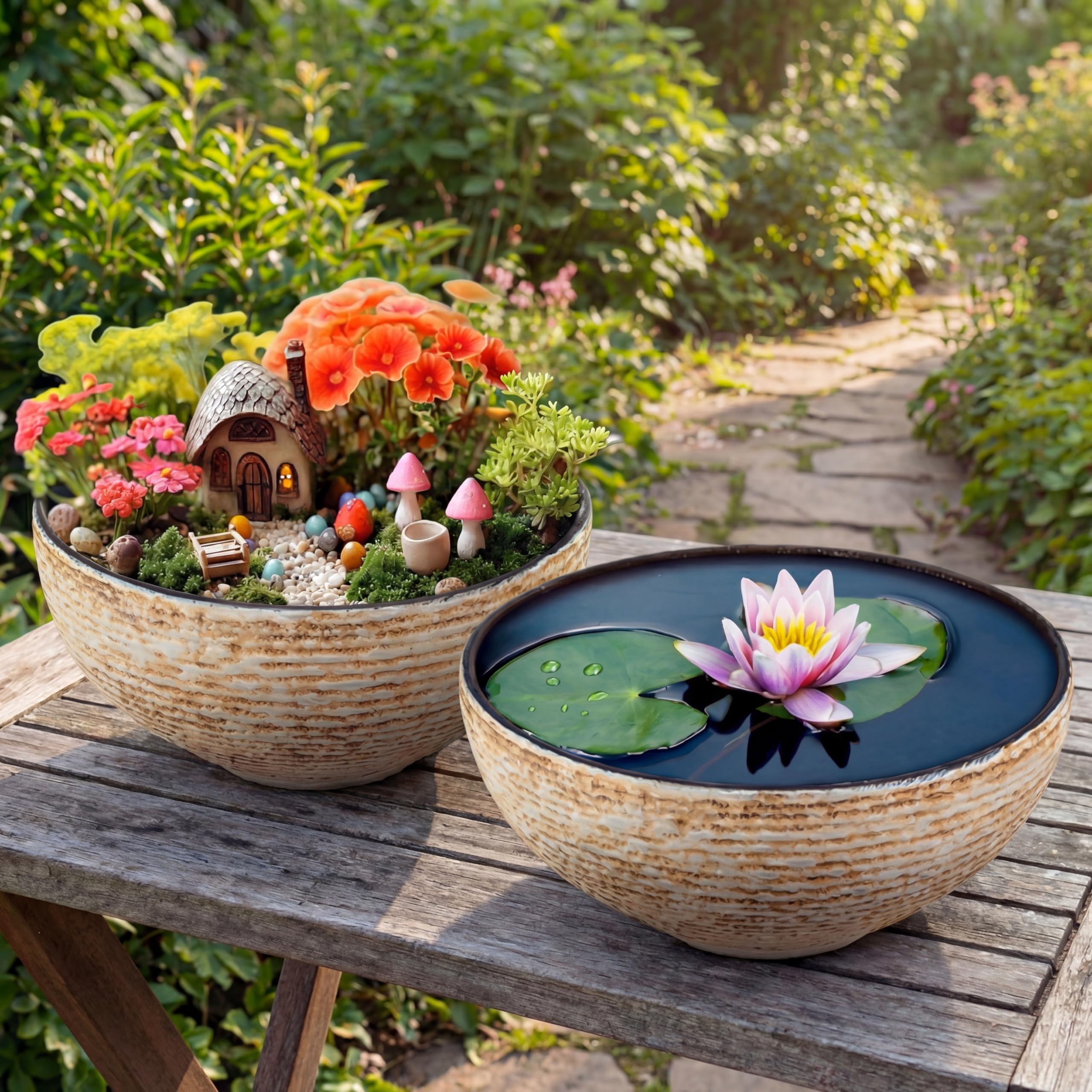 RimCereal 2 Pack Water Lily Planter Bowl, 15.6 Inch Large Lotus Flower Bowl Fit Hydroponic Succulent Planter Water Plant Container for Indoor Outdoor Garden Balcony Patio Fish Pond Bird Bath (White)