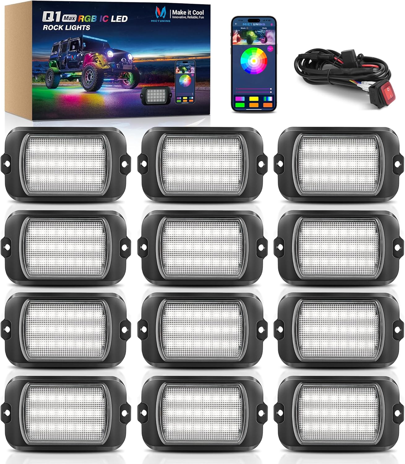 MICTUNING Q1+ MAX 12 Pods Ultra-Bright RGB+IC Rock Lights, Multi-Color Chasing Underglow Lighting, Extensible to 24 Pods, APP Music Sync & DIY Effects, IP68 Waterproof