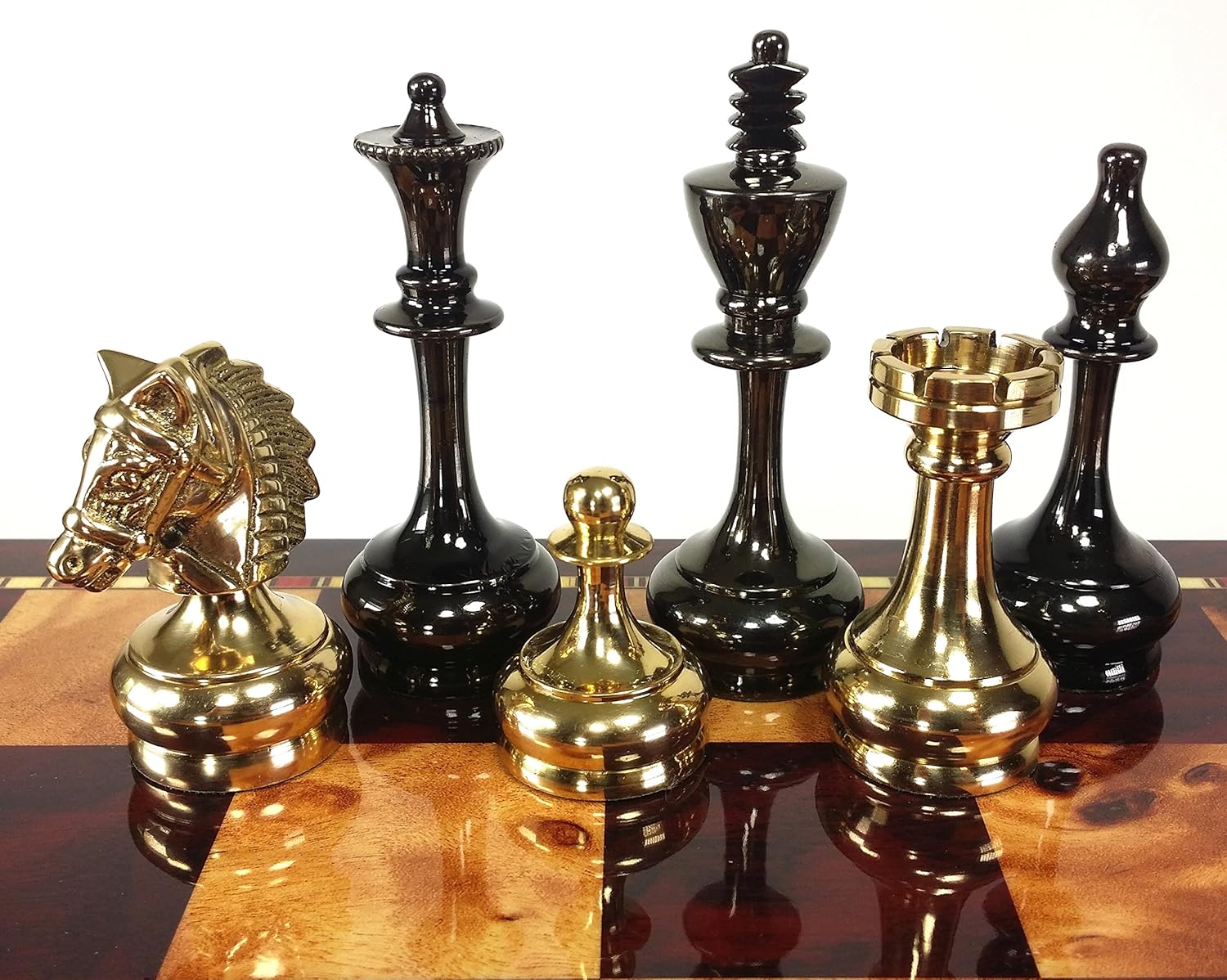 Real Brass Metal Staunton Bridled Knight Chess Men Set Gold and Black Chrome - NO Board
