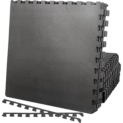 F2C Puzzle Exercise Mat 12 Tiles 1/2'' Interlocking Foam Floor Mat, Gym Flooring Mat, Home Gym Workout Exercise Equipment Mat 48 Sq Ft, Black