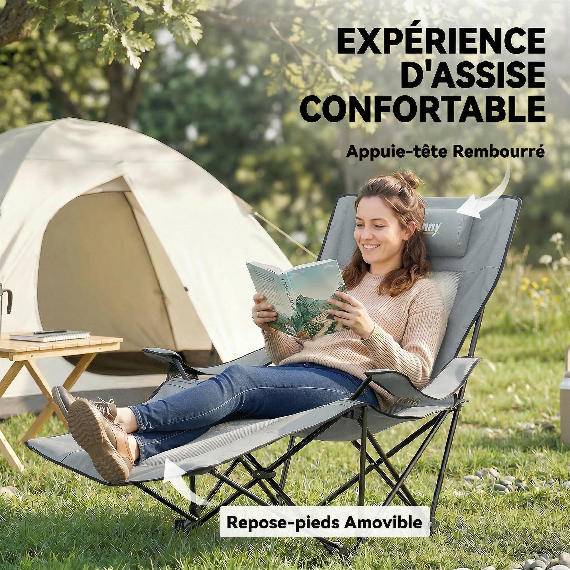 Outsunny Lot de 2 Chaises de Camping Pliantes Inclinables 4 Positions Gris | Repose-Pieds Amovible, Sac de Rangement, Porte-Gobelet, Poche Latérale, Appui-Tête