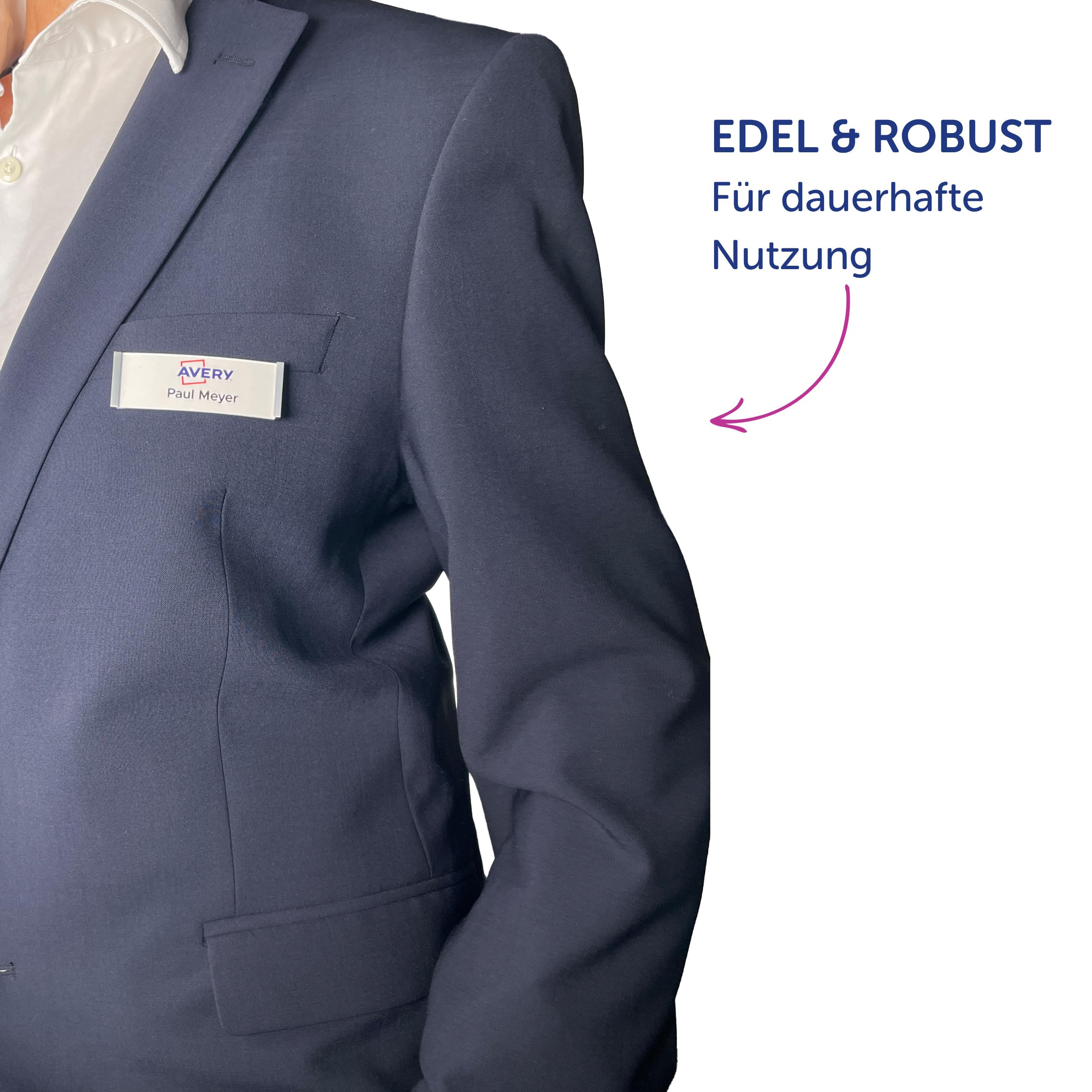 AVERY Zweckform polar35 Namensschilder 20 Stück (80x34mm, 20 Schilder mit Magnet, verdrehsicher, mit blanko Einsteckschildern zum Bedrucken, magnetische Namensschilder für Kleidung) edelstahl matt