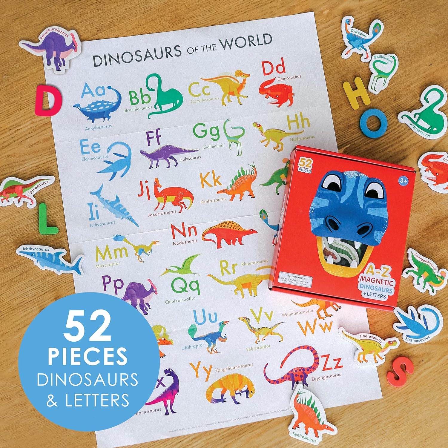 Curious Columbus Dinosaur Toddler Magnets for Refrigerator | Set of 52 Kids Fridge Magnets with 26 Magnetic Letters from A-Z and 26 Magnetic Dinosaurs | Large Paper Dino Poster Included
