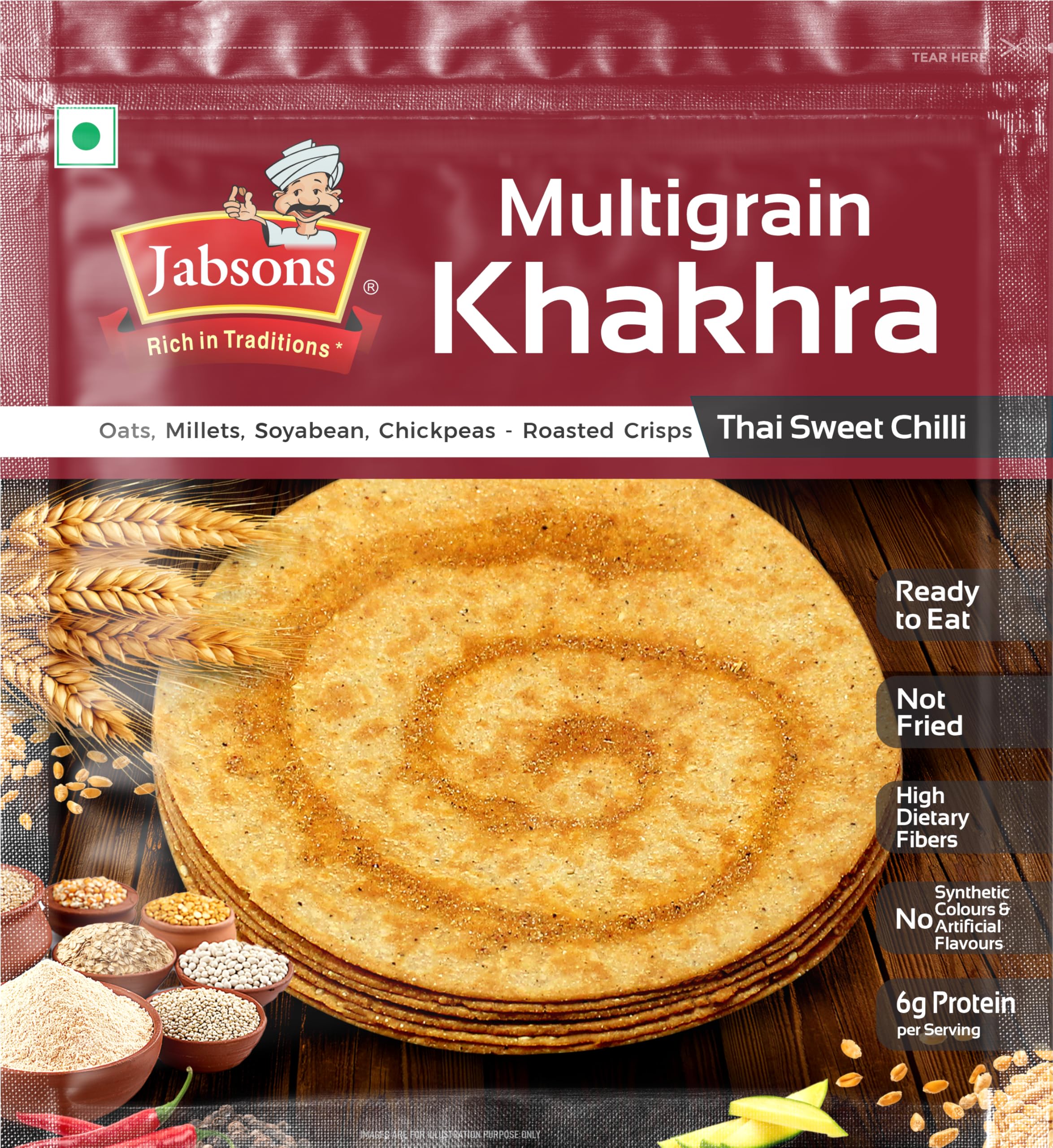 Jabsons Multigrain Thai Sweet Chilli Roasted Khakhra -180g | Crispy & Healthy Multigrain Snack | Vaccum Packed | Diet Namkeen, Tea-Time Munchies, Indian Munchies | Anytime Snacking