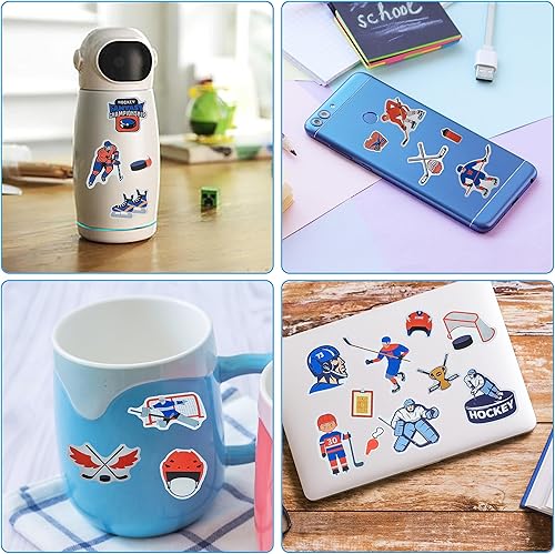 Miniatura 5 de Paquete de 100 calcomanías de hockey sobre hielo, regalos de decoración de fiesta de hockey, calcomanías impermeables para botella de agua, laptop,