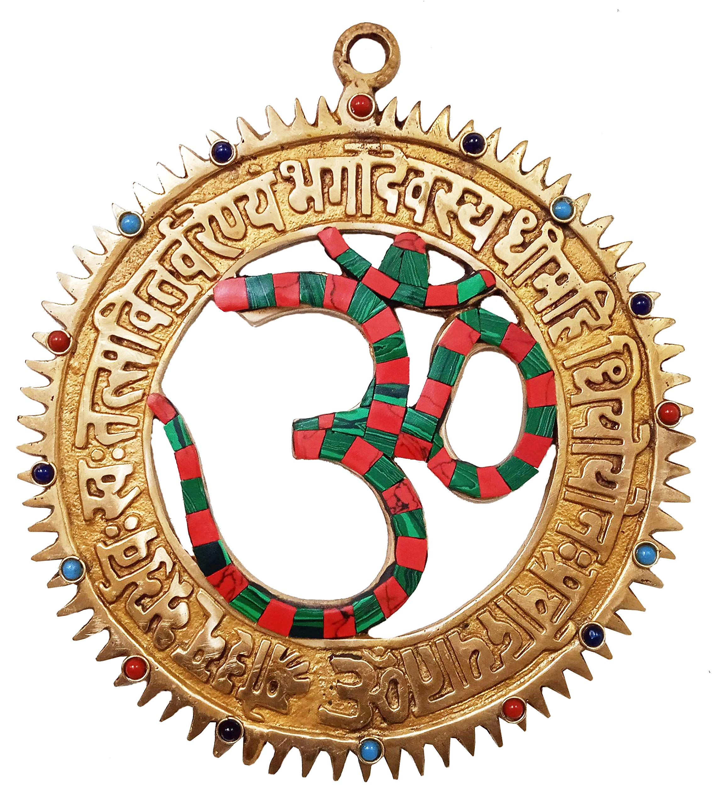 Purpledip Brass Wall Hanging Om Gayatri Mantra: Solid Metal with Spectacular Gemstones and Bells (11092)