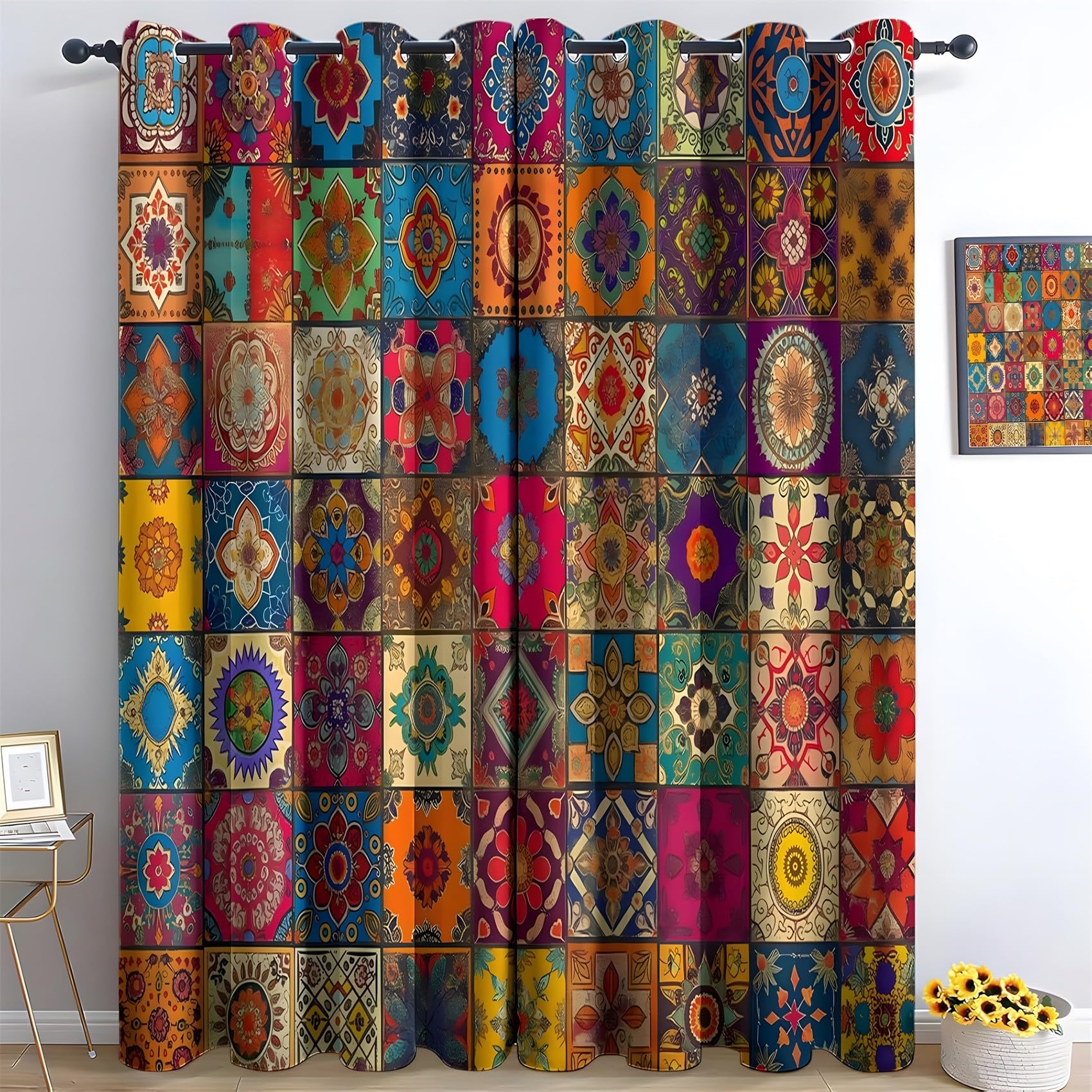 KaiHeBeding Ethnic Print Collage Blackout Curtains for Bedroom - Bohemian Style Living Room Curtains 66x90 Eyelet - Soft Thermal Insulated Patterned Drapes for Windows - 2 Panels