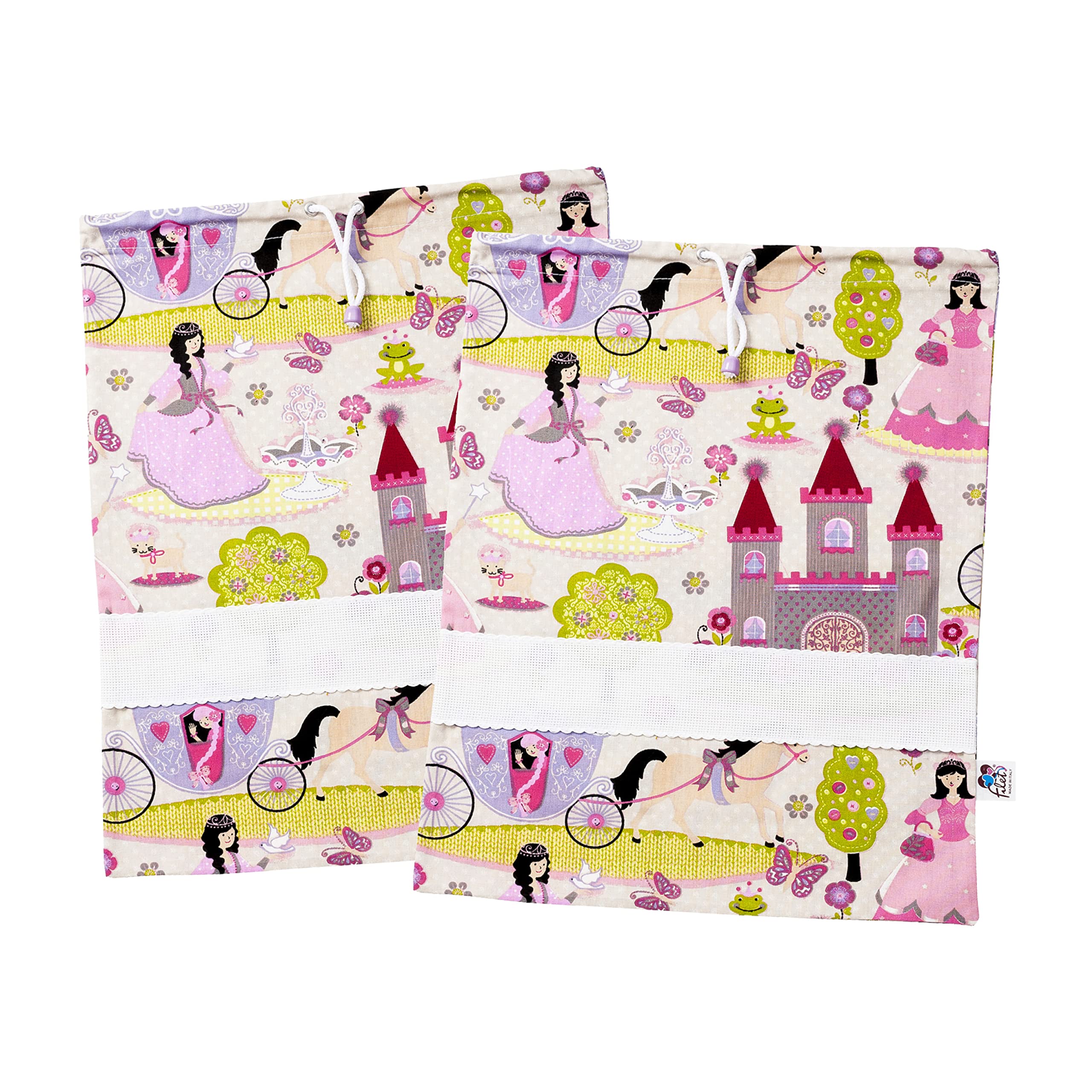 FILET - Set of Two Printed Cotton Nursery Bags, Changing Bags, Layette Bags, Shoe Bags, with Aida Canvas to Embroider, Made in Italy, 42 x 34 cm, Princesses Beige Pink Pattern