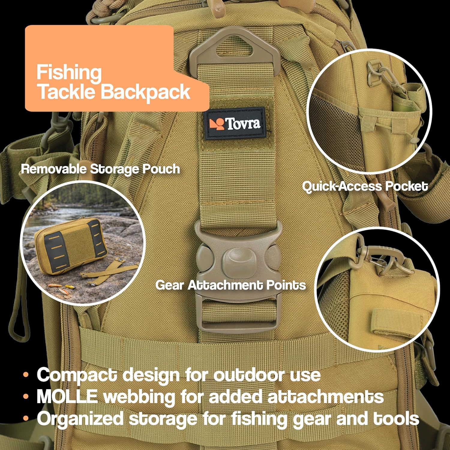 Tovra Fishing Tackle Backpack with Removable Storage Pouch – Compact Sling Pack with MOLLE Webbing, Multiple Compartments & Waterproof Nylon for Fishing, Hiking & Outdoor Gear Organization