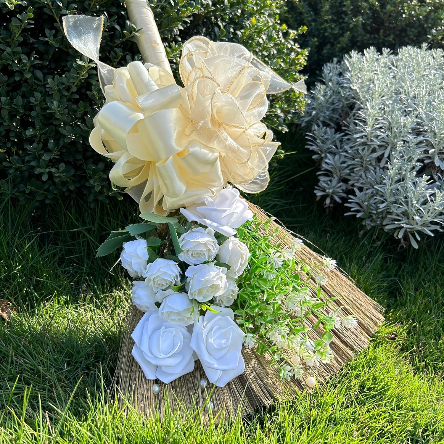 Wedding Broom for Jumping & Wedding Ceremony, DIY Decorative Broomstick with Ribbons, Artificial Pearl, Camellia, Roses - Ideal for African American Weddings