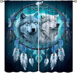 Wolf Blackout Curtains for Bedroom,Mystery Dream Wonderland Blue and White Feather Dreamcatcher Totem Wolves Wildlife Window Drapes Print for Boys Girls Juvenile Room Living Room Bathroom 42x45in
