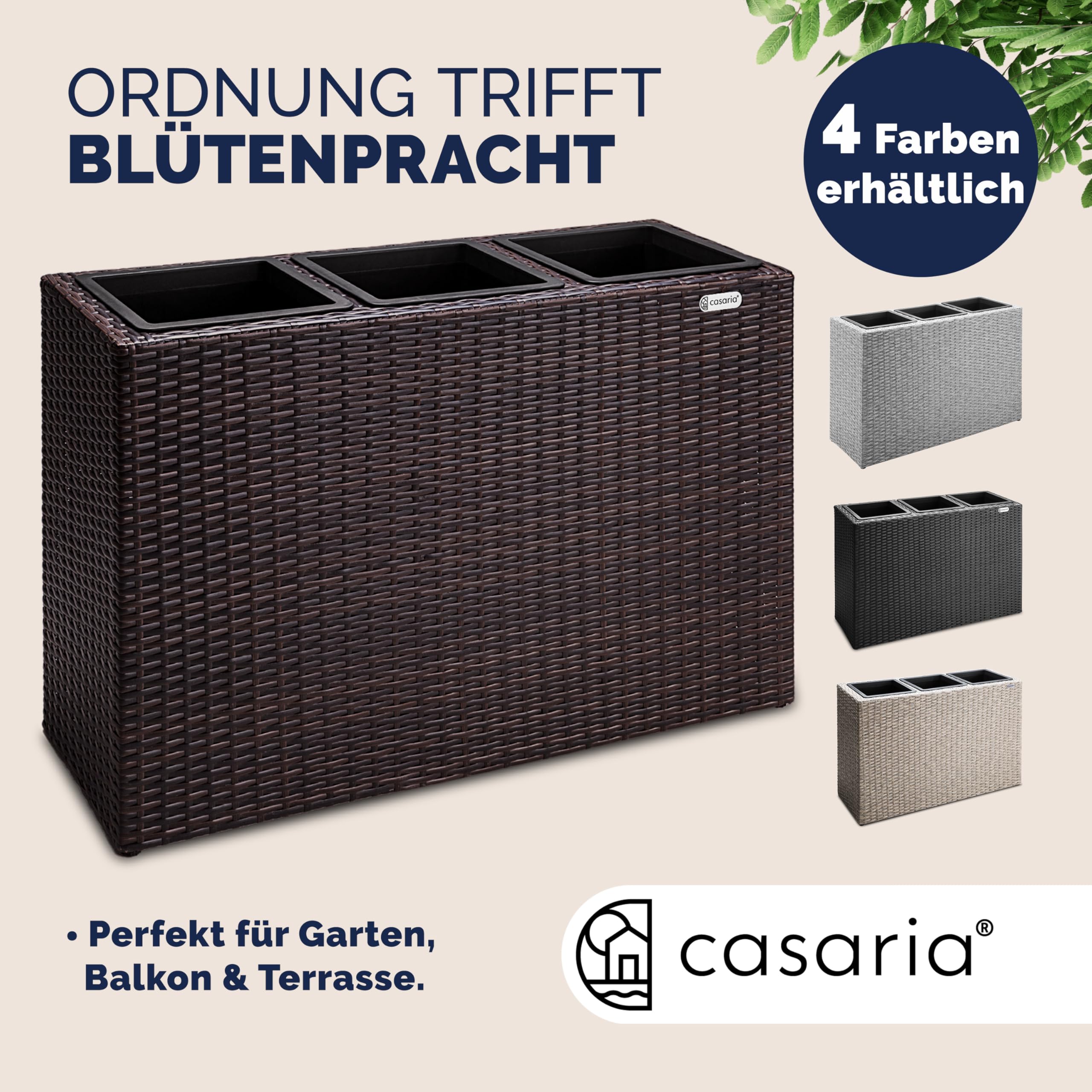 Casaria® Macetero Exterior con 3 Macetas Internas Extraíbles Jardinera Poliratán con Drenaje de Agua 83x30,5x60cm Marrón