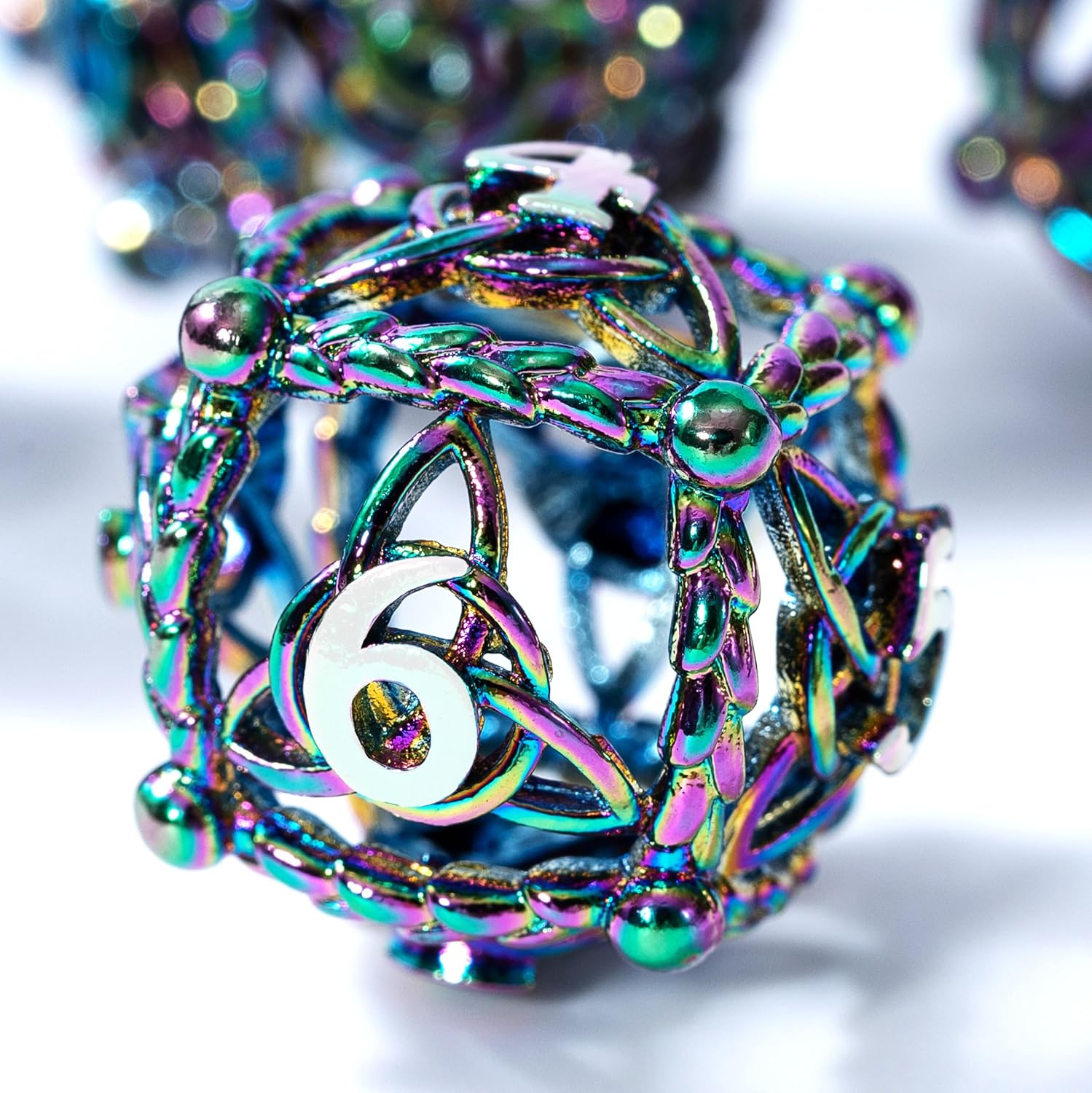 Metal Dice Set for DND - Unique Round Hollow Orb Design for Better Rolling - Beautiful Celtic Knot Set for Role Playing Games (RPG) - Stunning D&D Dungeons and Dragons Dice (Rainbow White)