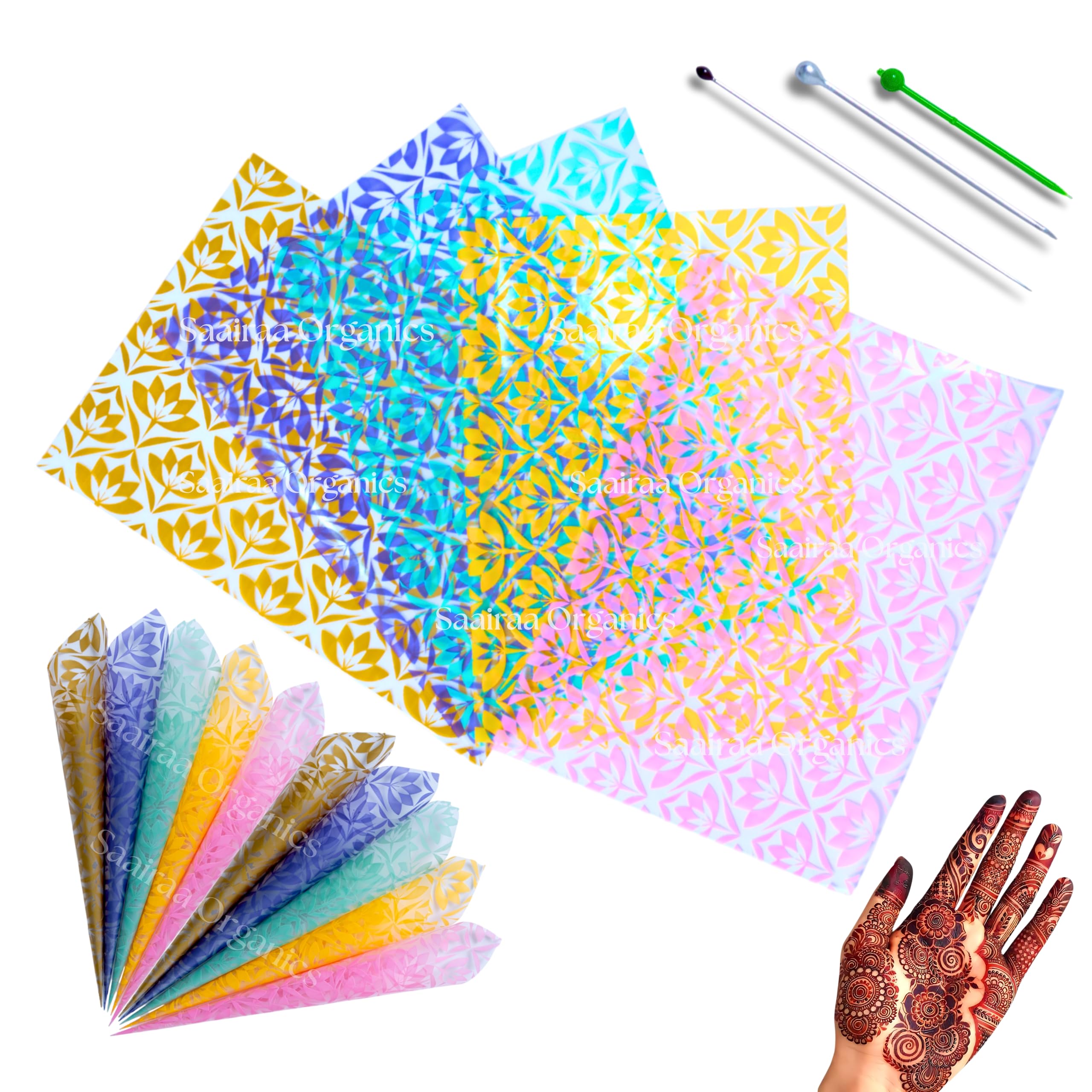 Pre-Cut Printed Frozen Cellophane Sheets for Mehndi Cones | 30 Micron, 6.75" x 5" (100 Sheets) | Multi colour Frozen Design | Includes 0.38mm, 0.6mm & 0.7mm Cone Rolling Pins-image-10
