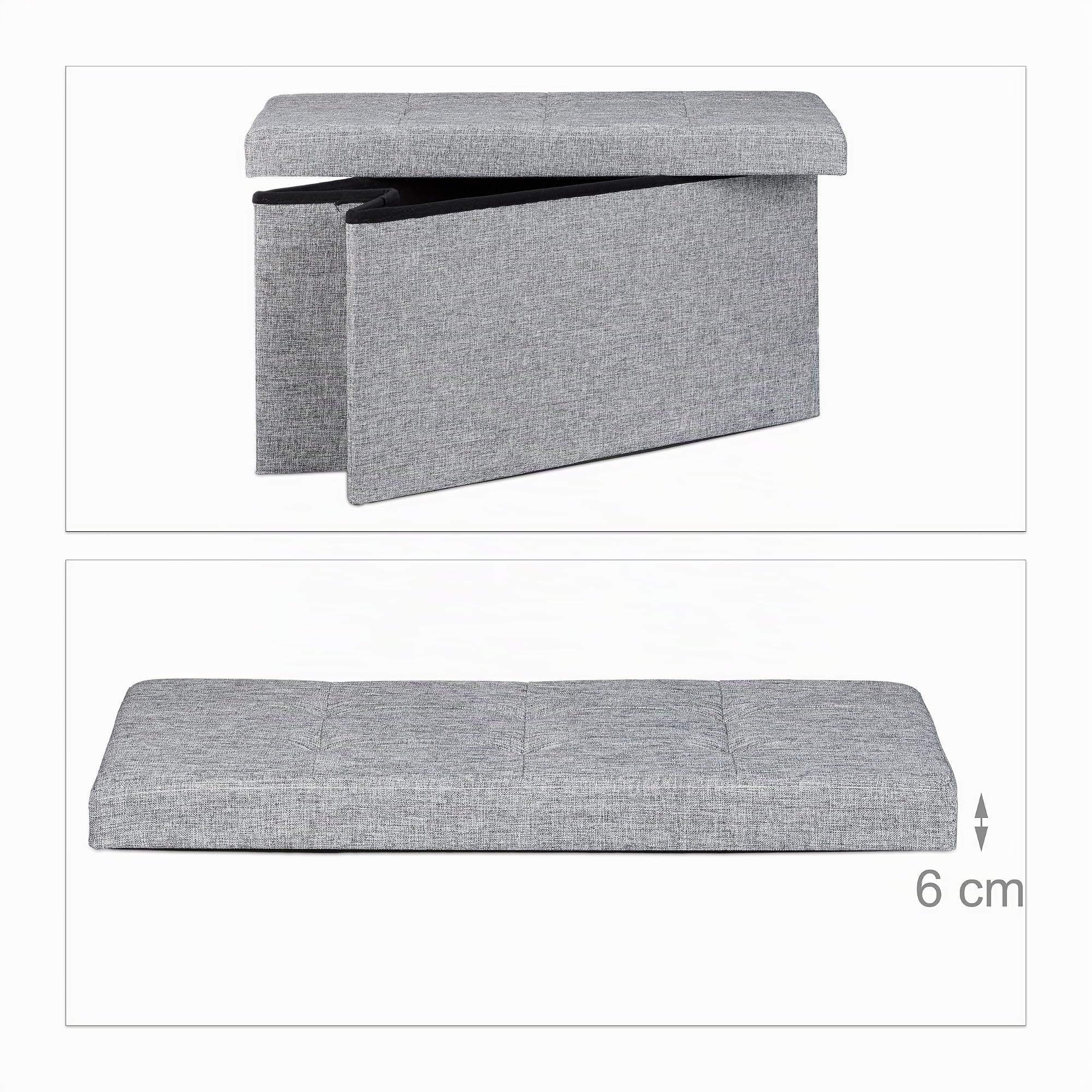 Relaxdays Pouf de rangement pliant coffre repose-pieds Hxlxp: 38 x 76 x 38 cm, gris