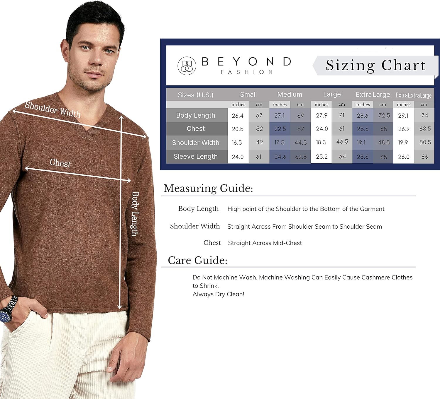 BEYOND FASHION Men's Sweater V Neck Long Sleeve Pullover - 100% Pure Cashmere - Image 7